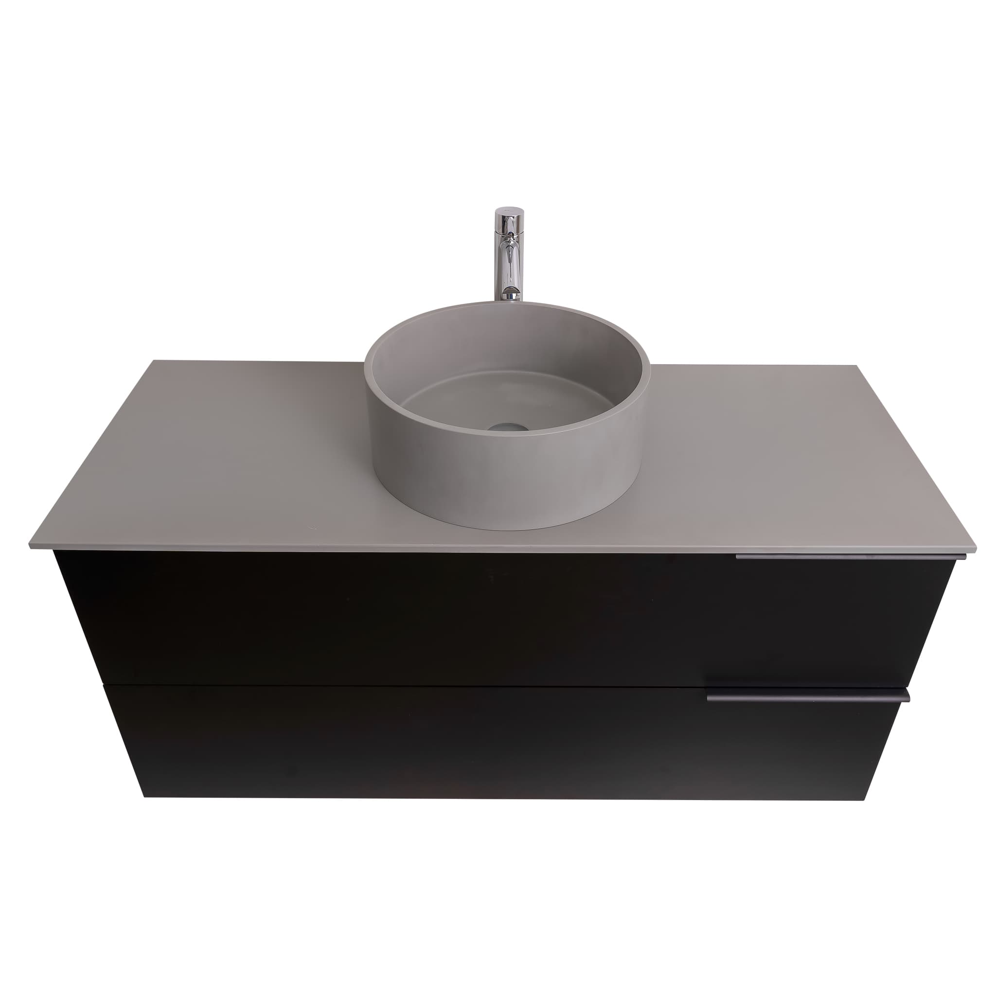 Mallorca 47.5 Matte Black Cabinet, Solid Surface Flat Grey Counter And Round Solid Surface Grey Basin 1386, Wall Mounted Modern Vanity Set