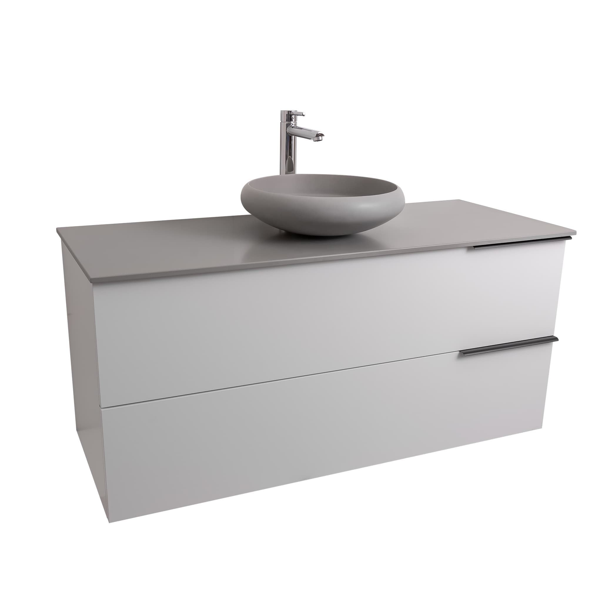 Mallorca 47.5 Matte White Cabinet, Solid Surface Flat Grey Counter And Round Solid Surface Grey Basin 1153, Wall Mounted Modern Vanity Set
