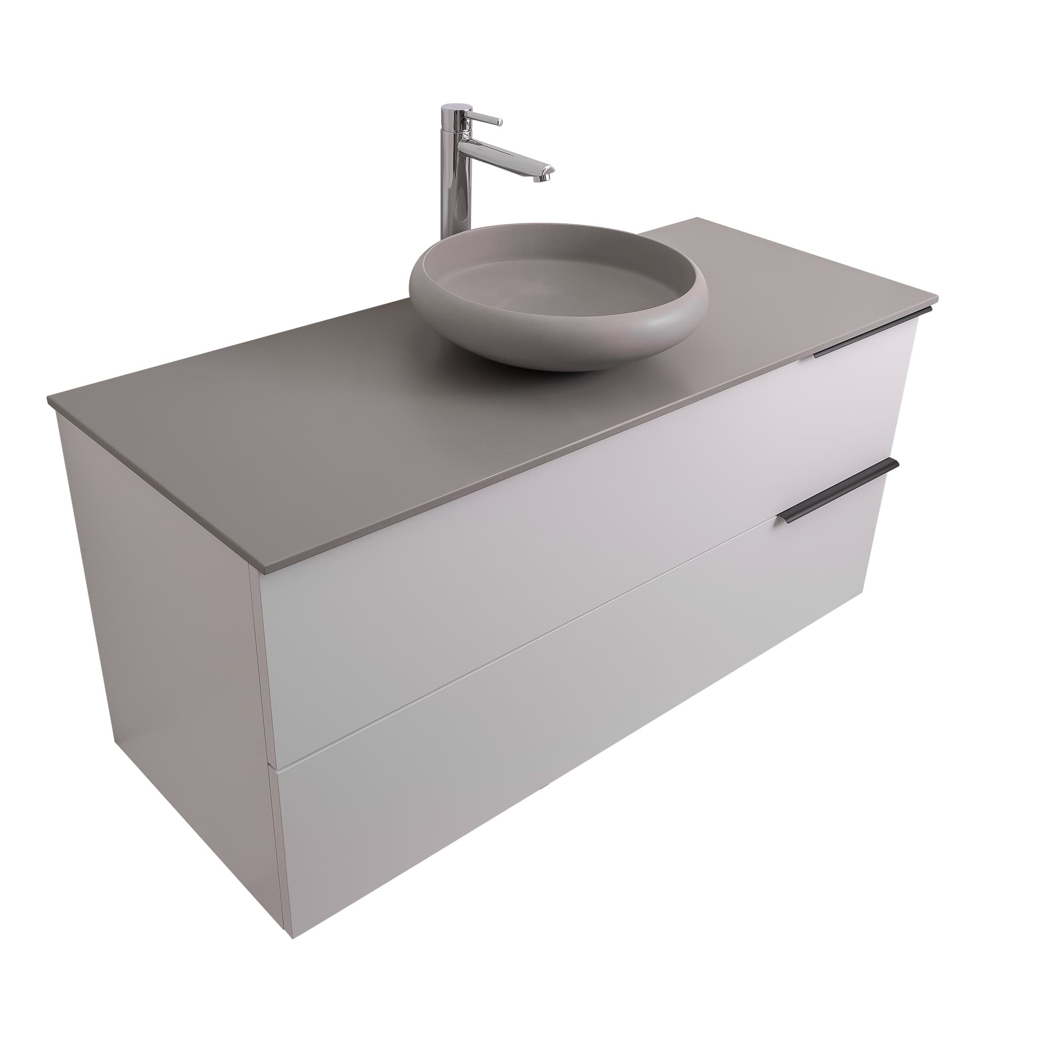 Mallorca 47.5 Matte White Cabinet, Solid Surface Flat Grey Counter And Round Solid Surface Grey Basin 1153, Wall Mounted Modern Vanity Set