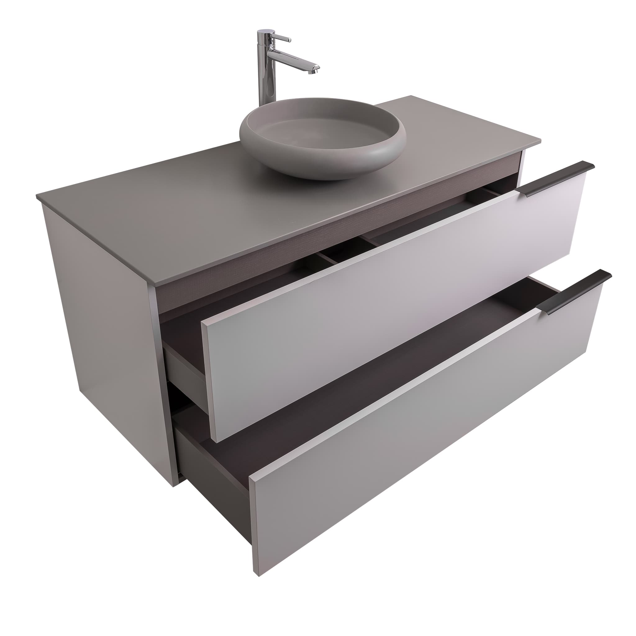 Mallorca 47.5 Matte White Cabinet, Solid Surface Flat Grey Counter And Round Solid Surface Grey Basin 1153, Wall Mounted Modern Vanity Set