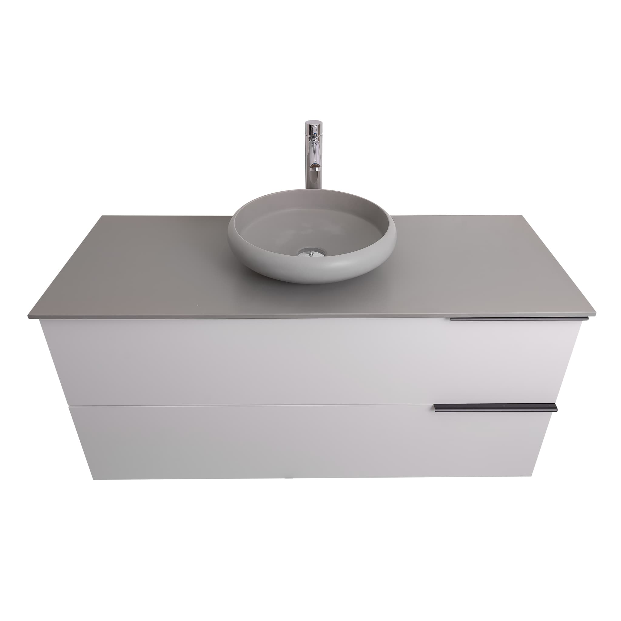 Mallorca 47.5 Matte White Cabinet, Solid Surface Flat Grey Counter And Round Solid Surface Grey Basin 1153, Wall Mounted Modern Vanity Set