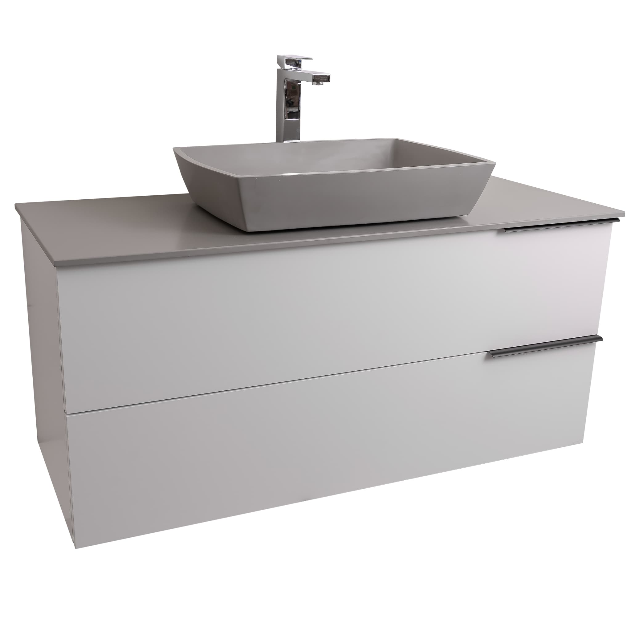 Mallorca 47.5 Matte White Cabinet, Solid Surface Flat Grey Counter And Square Solid Surface Grey Basin 1316, Wall Mounted Modern Vanity Set