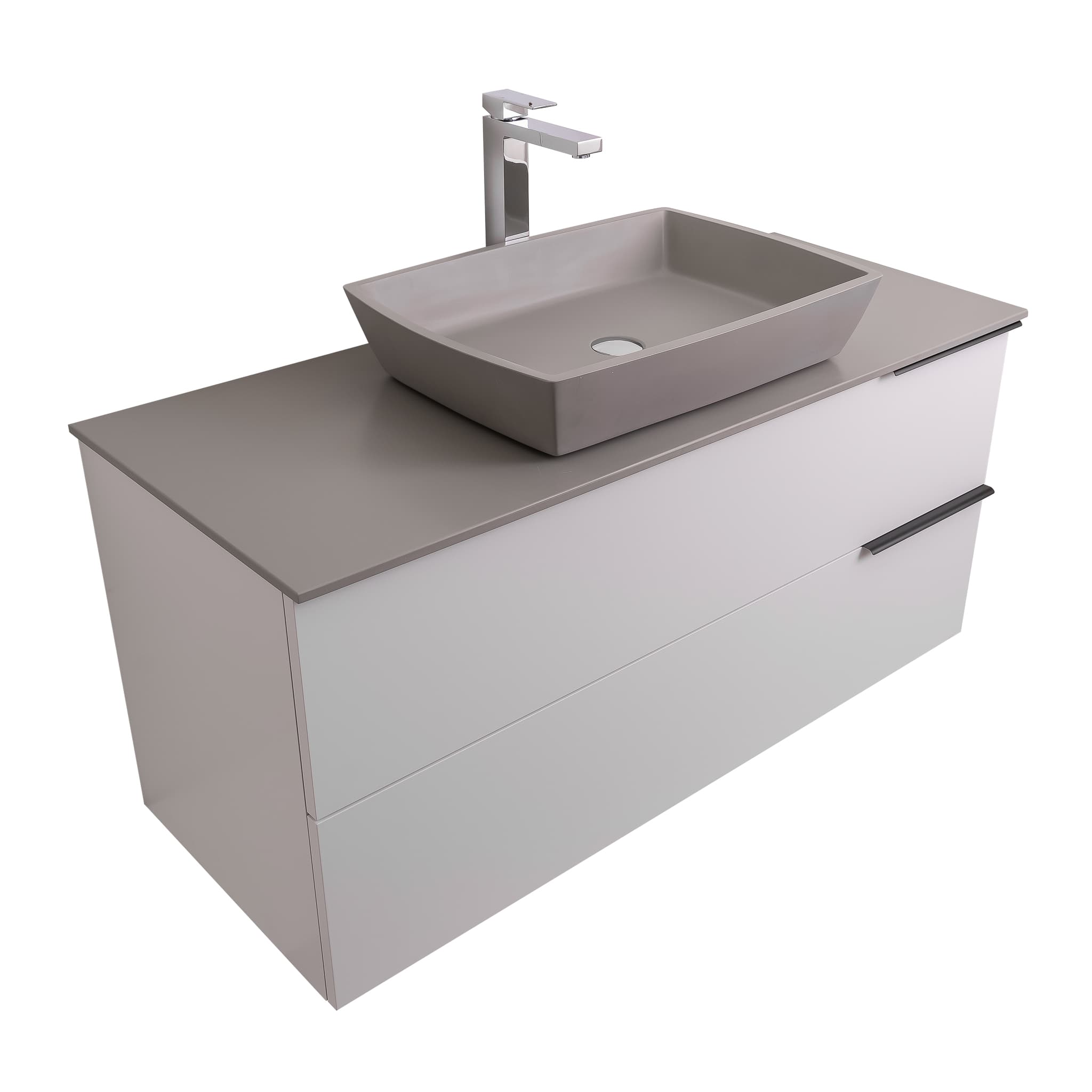 Mallorca 47.5 Matte White Cabinet, Solid Surface Flat Grey Counter And Square Solid Surface Grey Basin 1316, Wall Mounted Modern Vanity Set