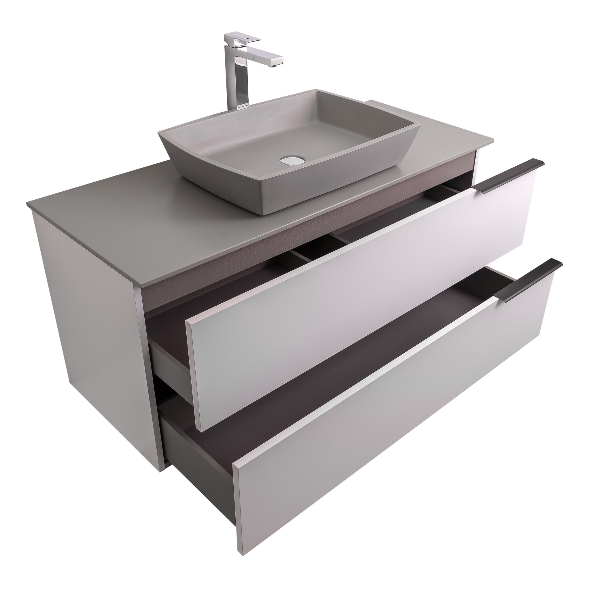 Mallorca 47.5 Matte White Cabinet, Solid Surface Flat Grey Counter And Square Solid Surface Grey Basin 1316, Wall Mounted Modern Vanity Set