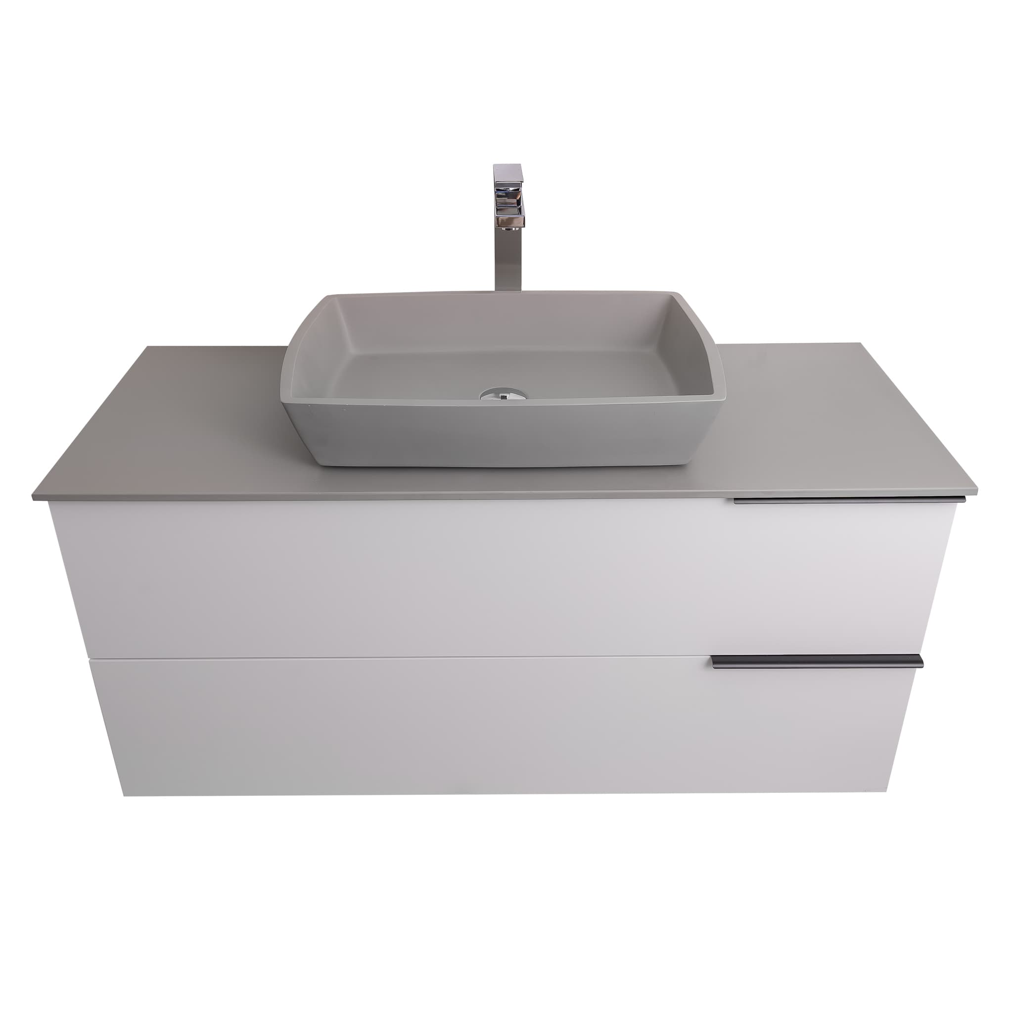 Mallorca 47.5 Matte White Cabinet, Solid Surface Flat Grey Counter And Square Solid Surface Grey Basin 1316, Wall Mounted Modern Vanity Set