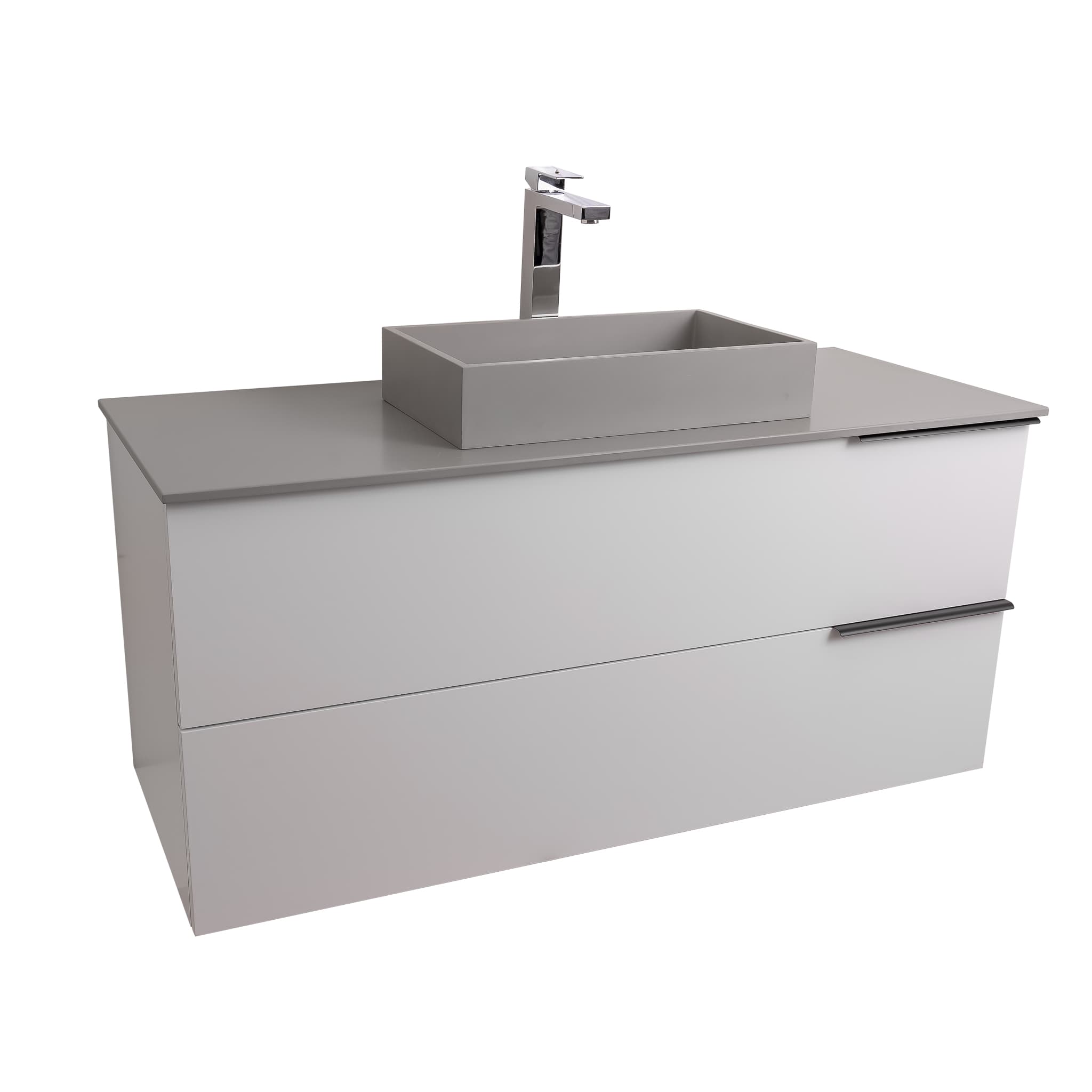 Mallorca 47.5 Matte White Cabinet, Solid Surface Flat Grey Counter And Infinity Square Solid Surface Grey Basin 1329, Wall Mounted Modern Vanity Set