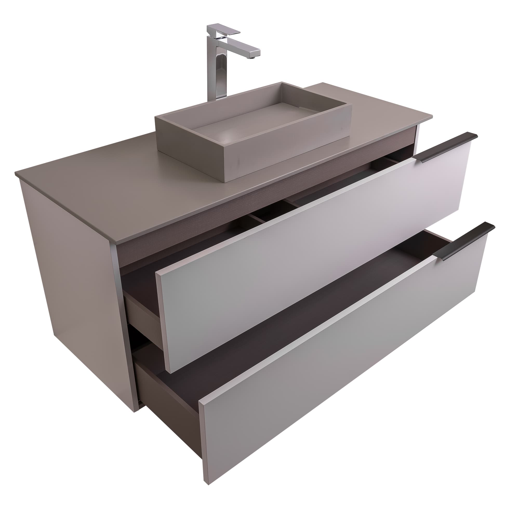 Mallorca 47.5 Matte White Cabinet, Solid Surface Flat Grey Counter And Infinity Square Solid Surface Grey Basin 1329, Wall Mounted Modern Vanity Set