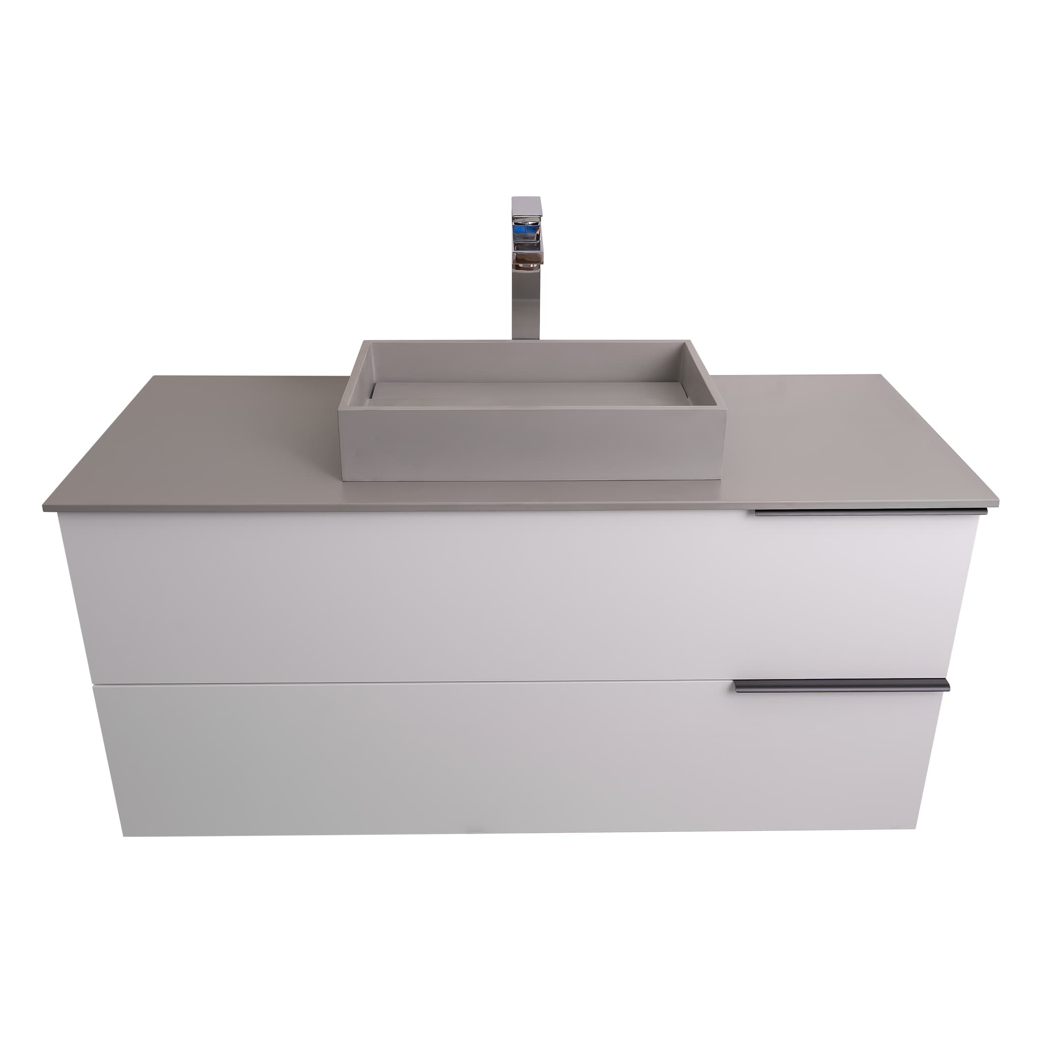 Mallorca 47.5 Matte White Cabinet, Solid Surface Flat Grey Counter And Infinity Square Solid Surface Grey Basin 1329, Wall Mounted Modern Vanity Set