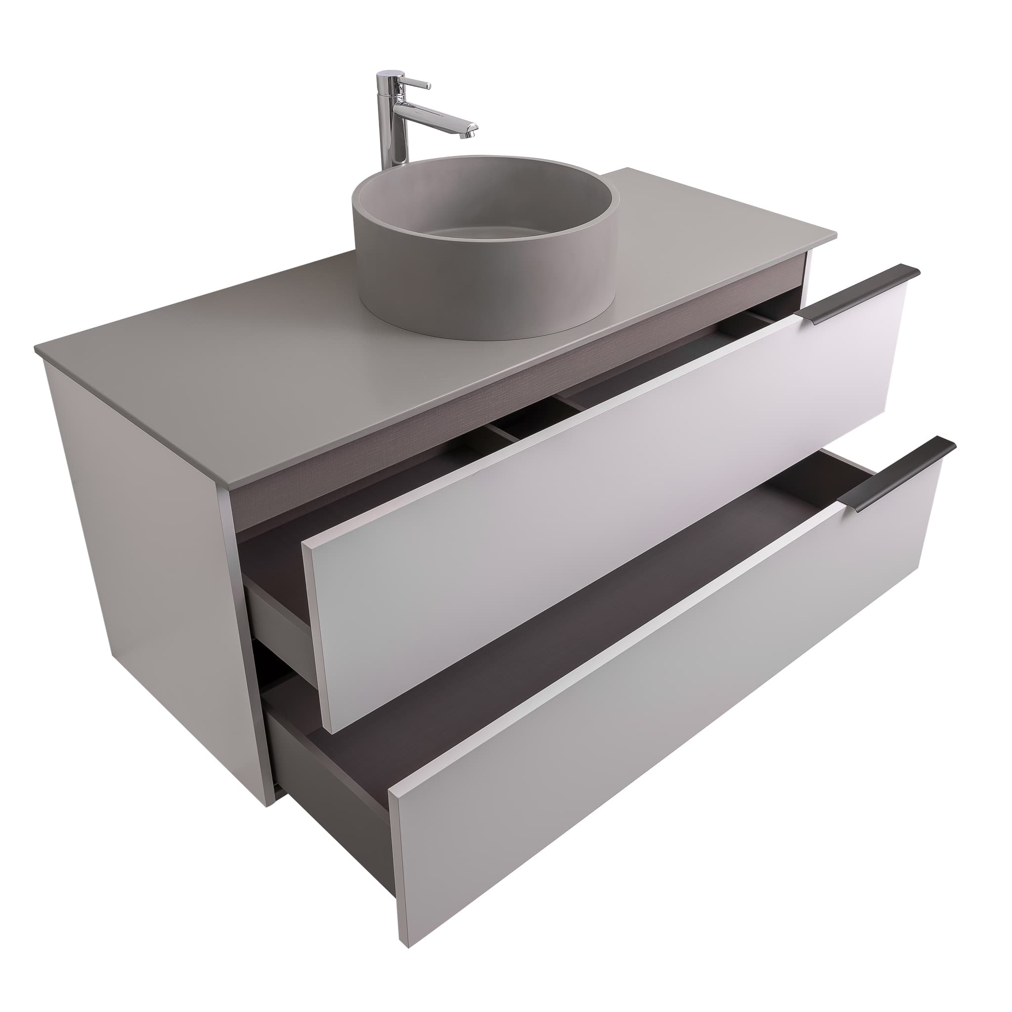Mallorca 47.5 Matte White Cabinet, Solid Surface Flat Grey Counter And Round Solid Surface Grey Basin 1386, Wall Mounted Modern Vanity Set