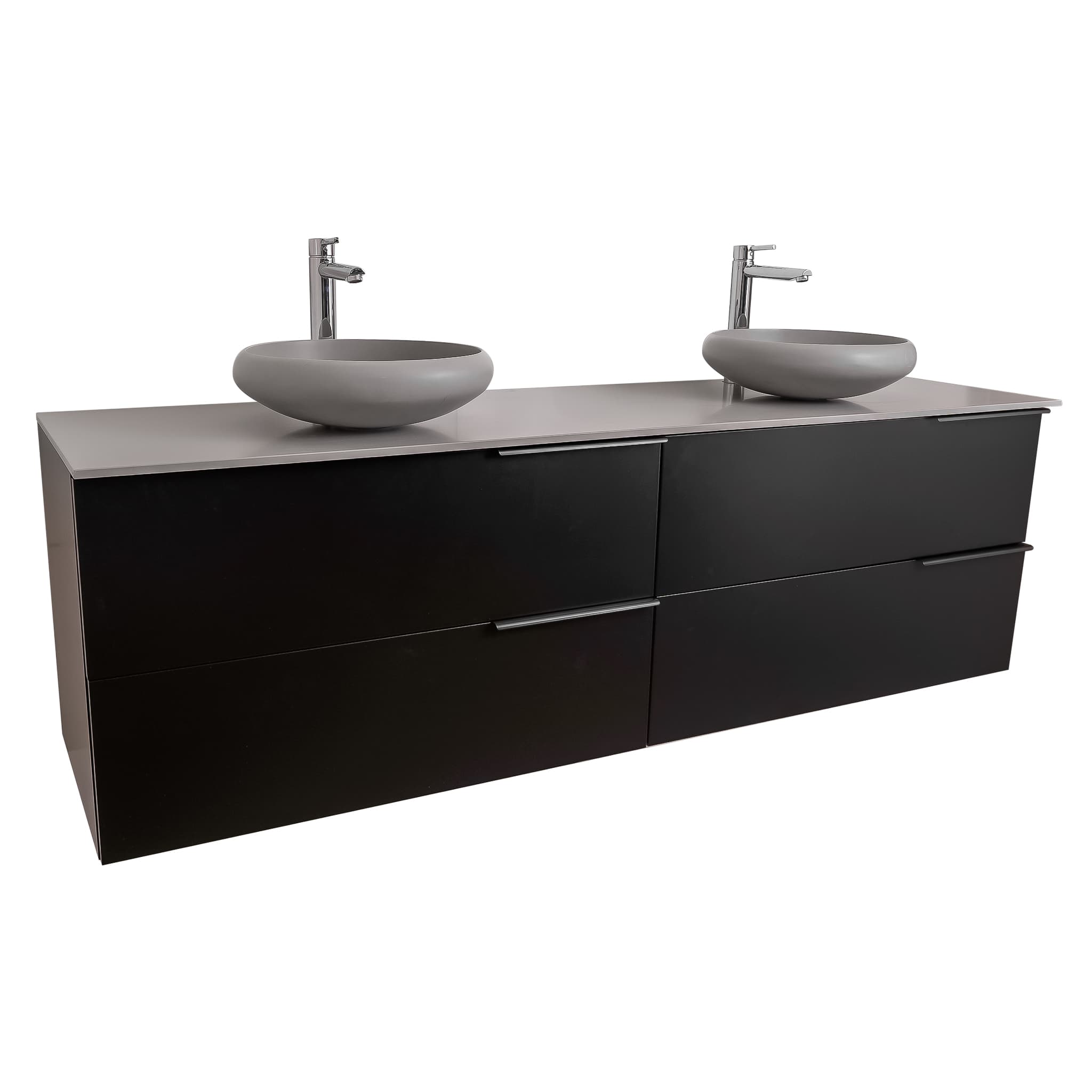 Mallorca 63 Matte Black Cabinet, Solid Surface Flat Grey Counter And Two Round Solid Surface Grey Basin 1153, Wall Mounted Modern Vanity Set