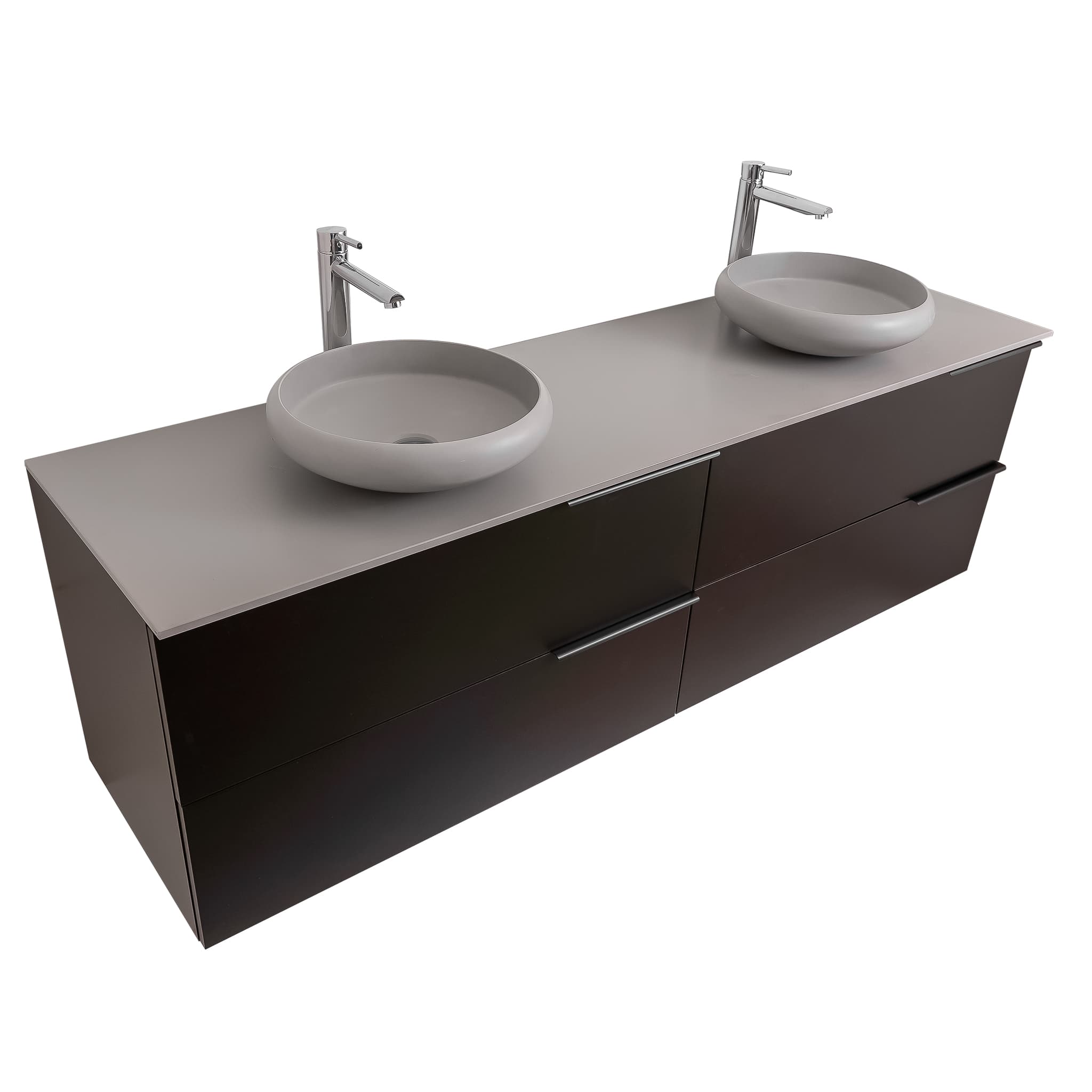 Mallorca 63 Matte Black Cabinet, Solid Surface Flat Grey Counter And Two Round Solid Surface Grey Basin 1153, Wall Mounted Modern Vanity Set