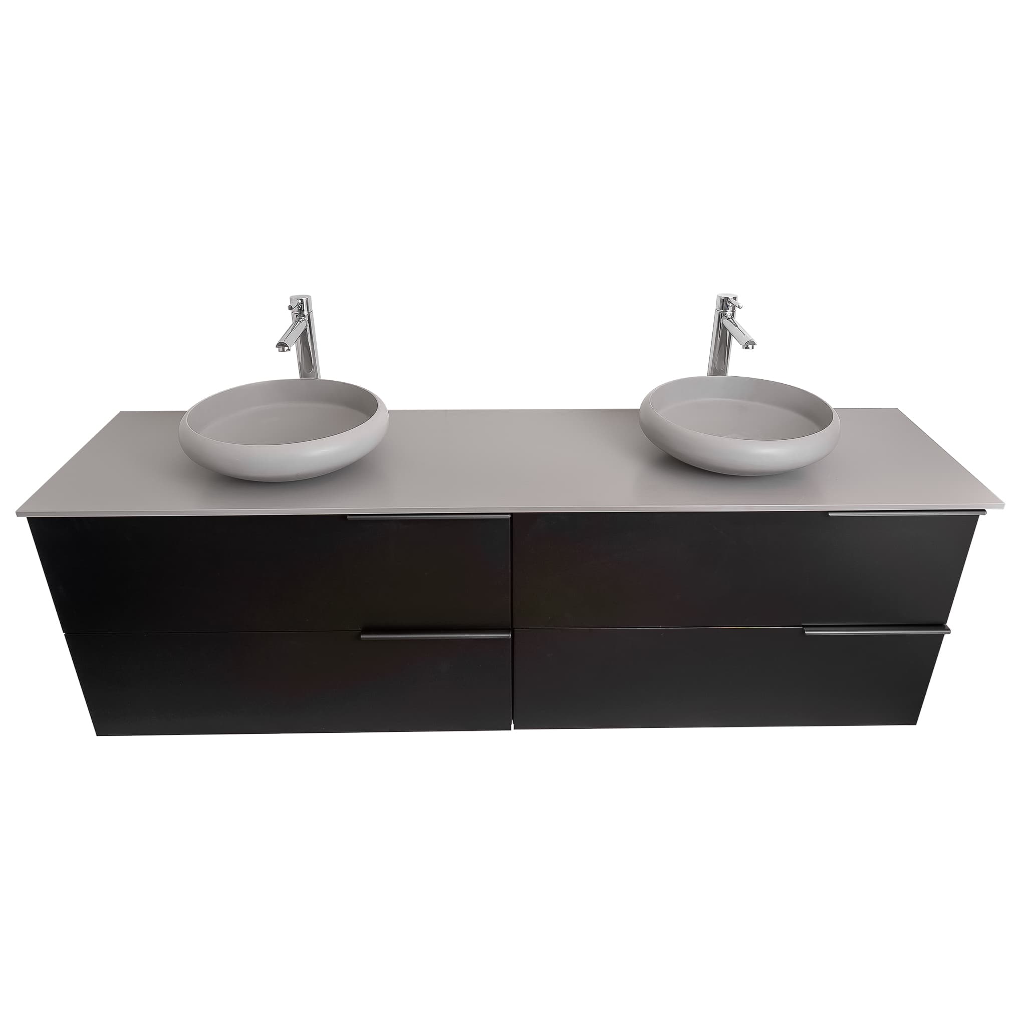 Mallorca 63 Matte Black Cabinet, Solid Surface Flat Grey Counter And Two Round Solid Surface Grey Basin 1153, Wall Mounted Modern Vanity Set