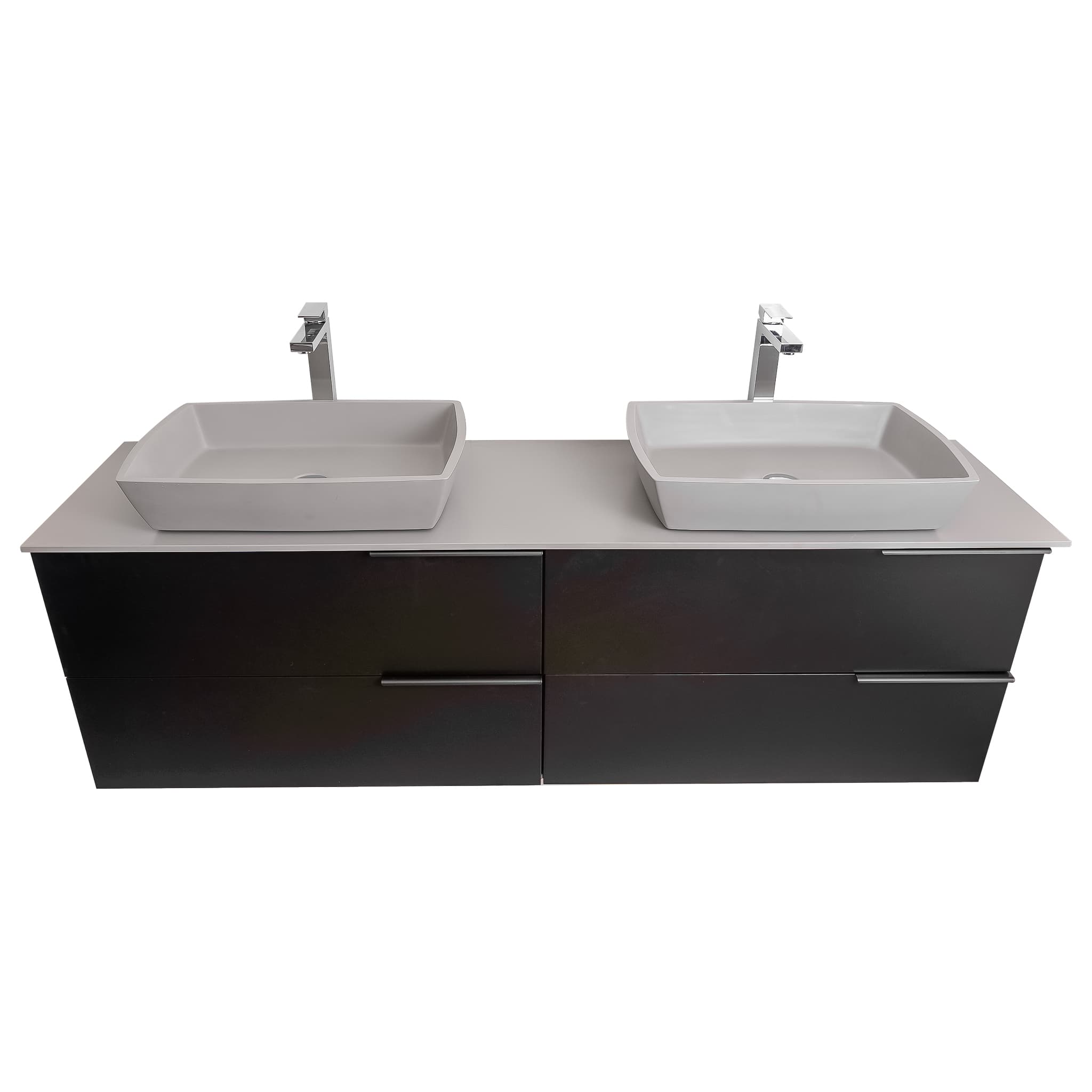 Mallorca 63 Matte Black Cabinet, Solid Surface Flat Grey Counter And Two Square Solid Surface Grey Basin 1316, Wall Mounted Modern Vanity Set