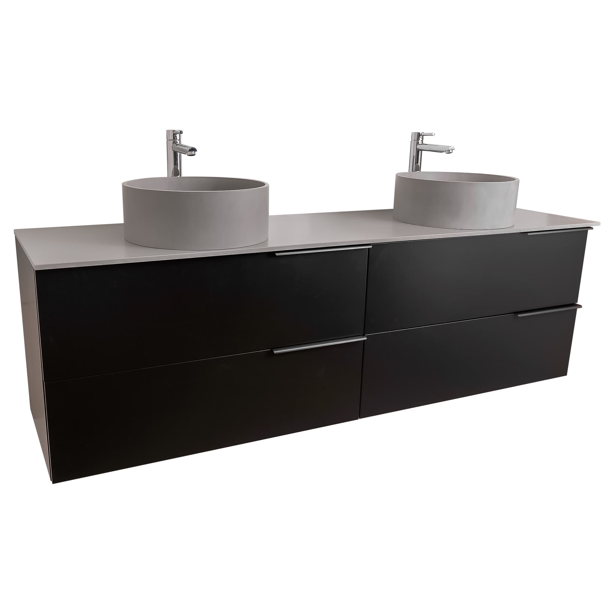 Mallorca 63 Matte Black Cabinet, Solid Surface Flat Grey Counter And Two Round Solid Surface Grey Basin 1386, Wall Mounted Modern Vanity Set