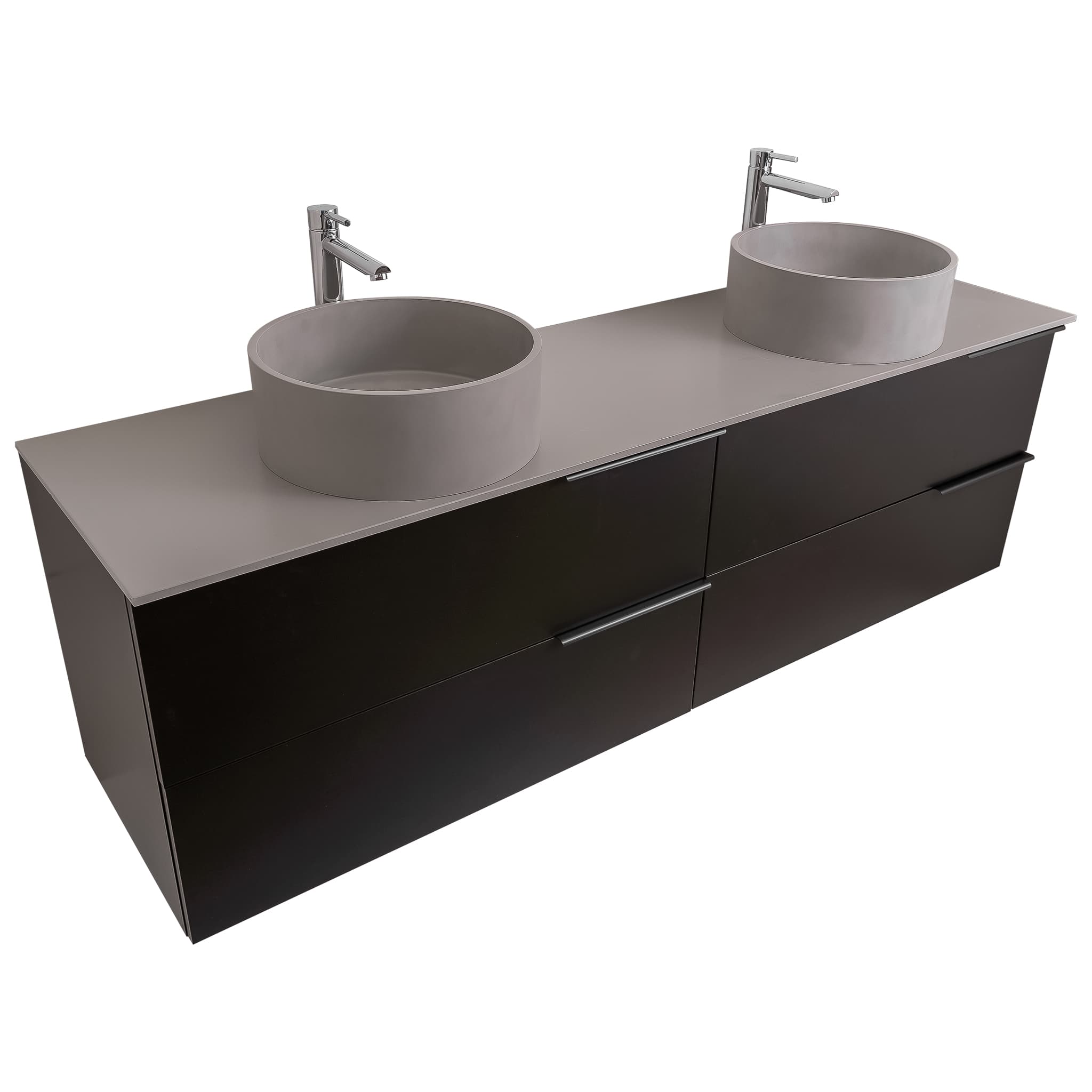 Mallorca 63 Matte Black Cabinet, Solid Surface Flat Grey Counter And Two Round Solid Surface Grey Basin 1386, Wall Mounted Modern Vanity Set