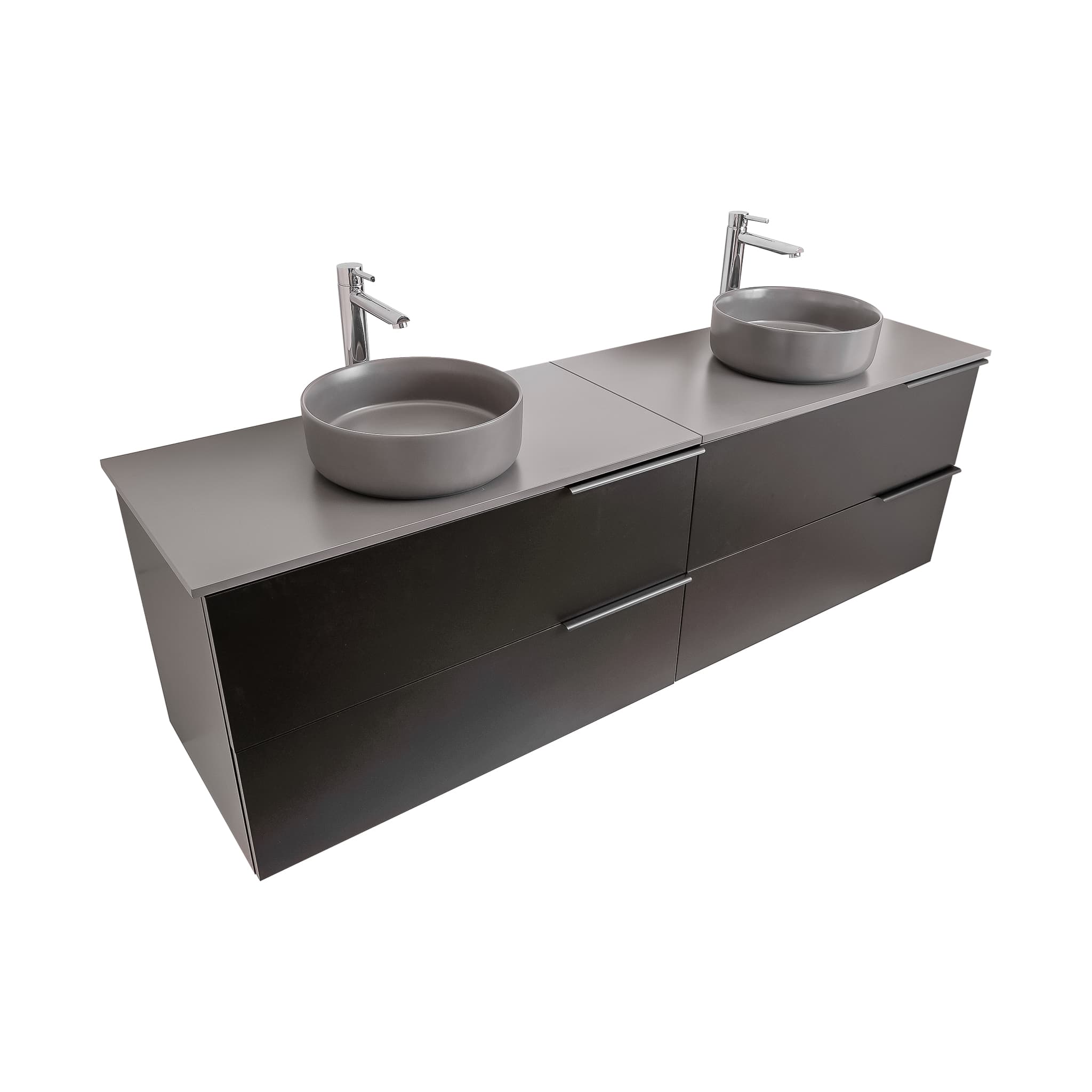 Mallorca 63 Matte Black Cabinet, Ares Grey Ceniza Top And Two Ares Grey Ceniza Ceramic Basin, Wall Mounted Modern Vanity Set