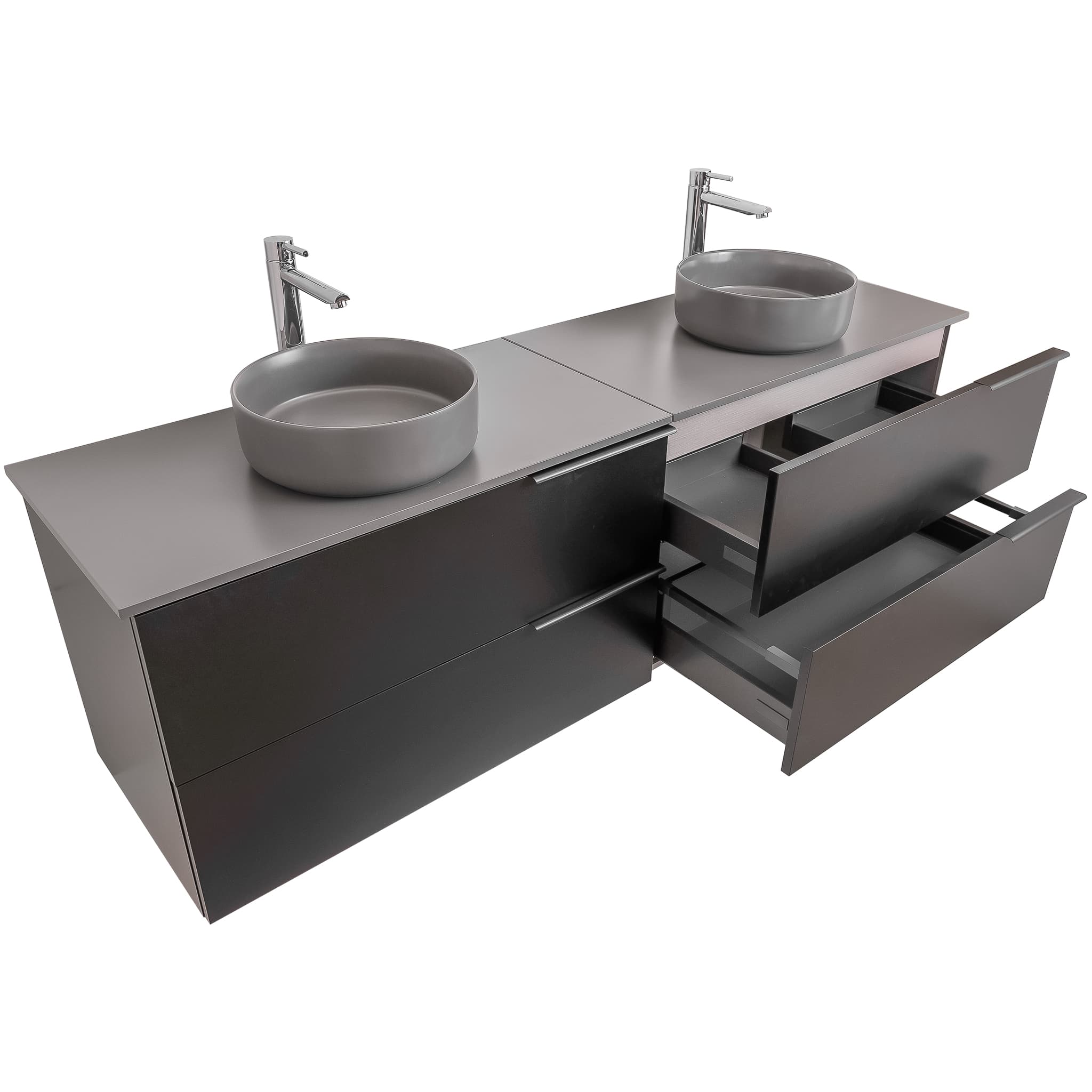 Mallorca 63 Matte Black Cabinet, Ares Grey Ceniza Top And Two Ares Grey Ceniza Ceramic Basin, Wall Mounted Modern Vanity Set