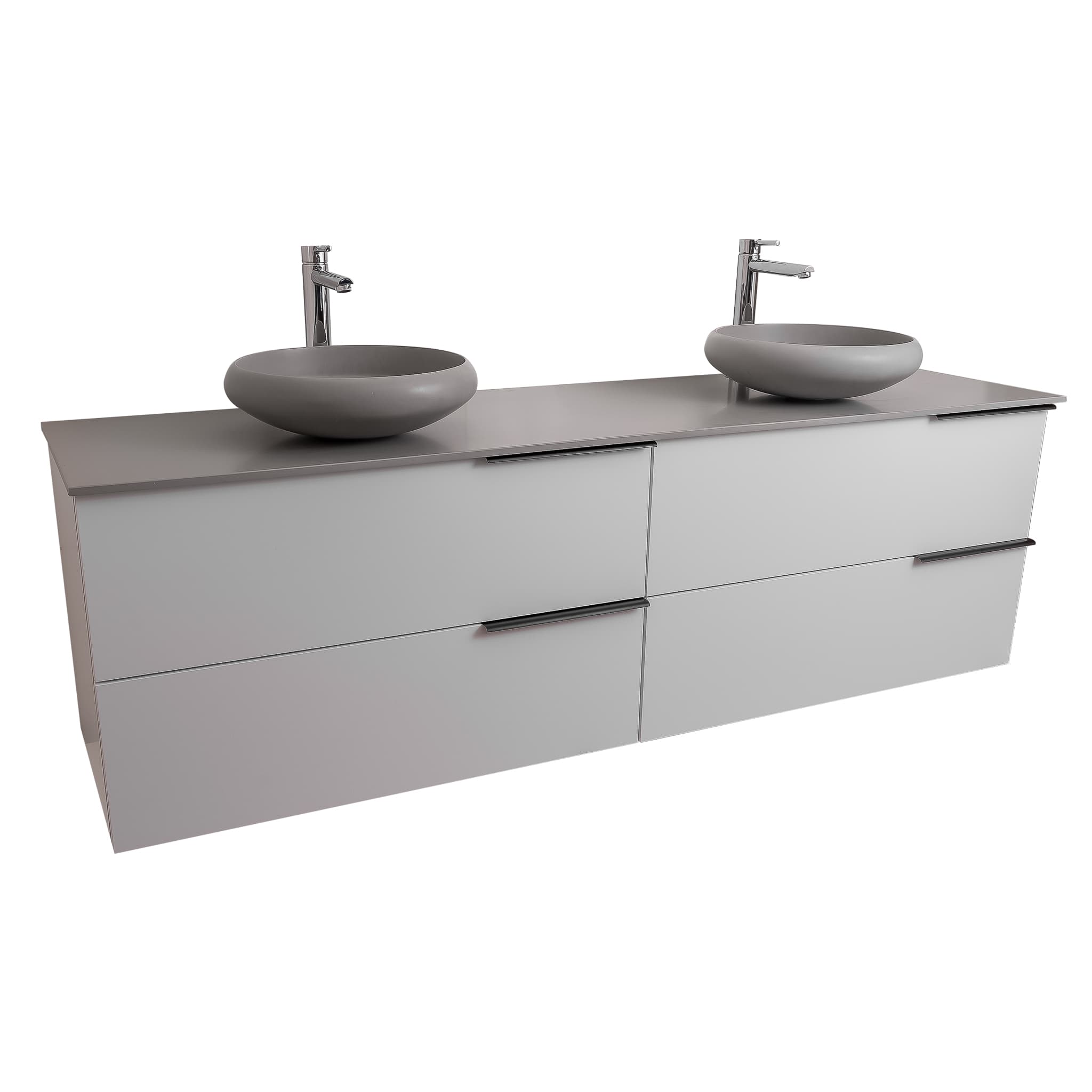 Mallorca 63 Matte White Cabinet, Solid Surface Flat Grey Counter And Two Round Solid Surface Grey Basin 1153, Wall Mounted Modern Vanity Set