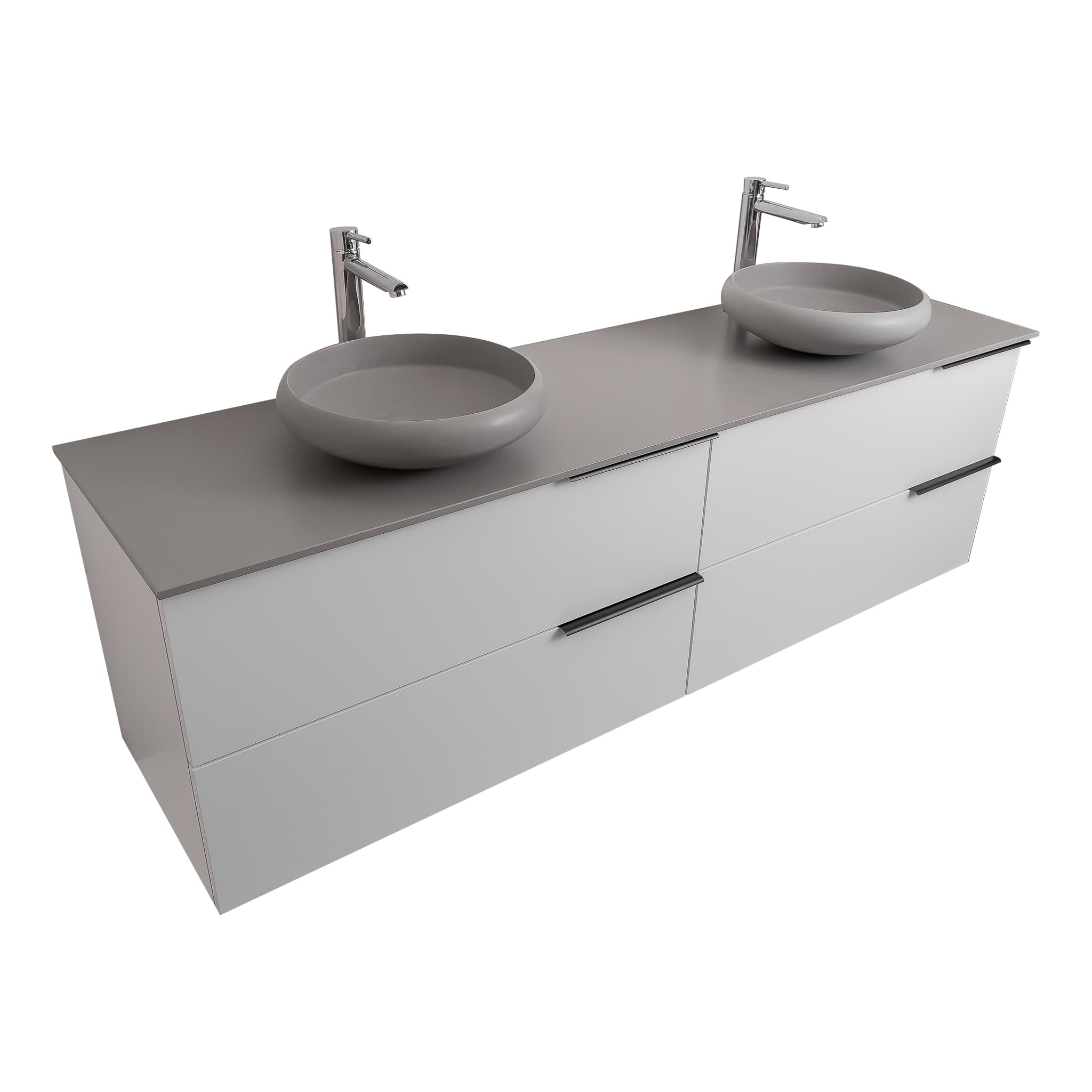 Mallorca 63 Matte White Cabinet, Solid Surface Flat Grey Counter And Two Round Solid Surface Grey Basin 1153, Wall Mounted Modern Vanity Set