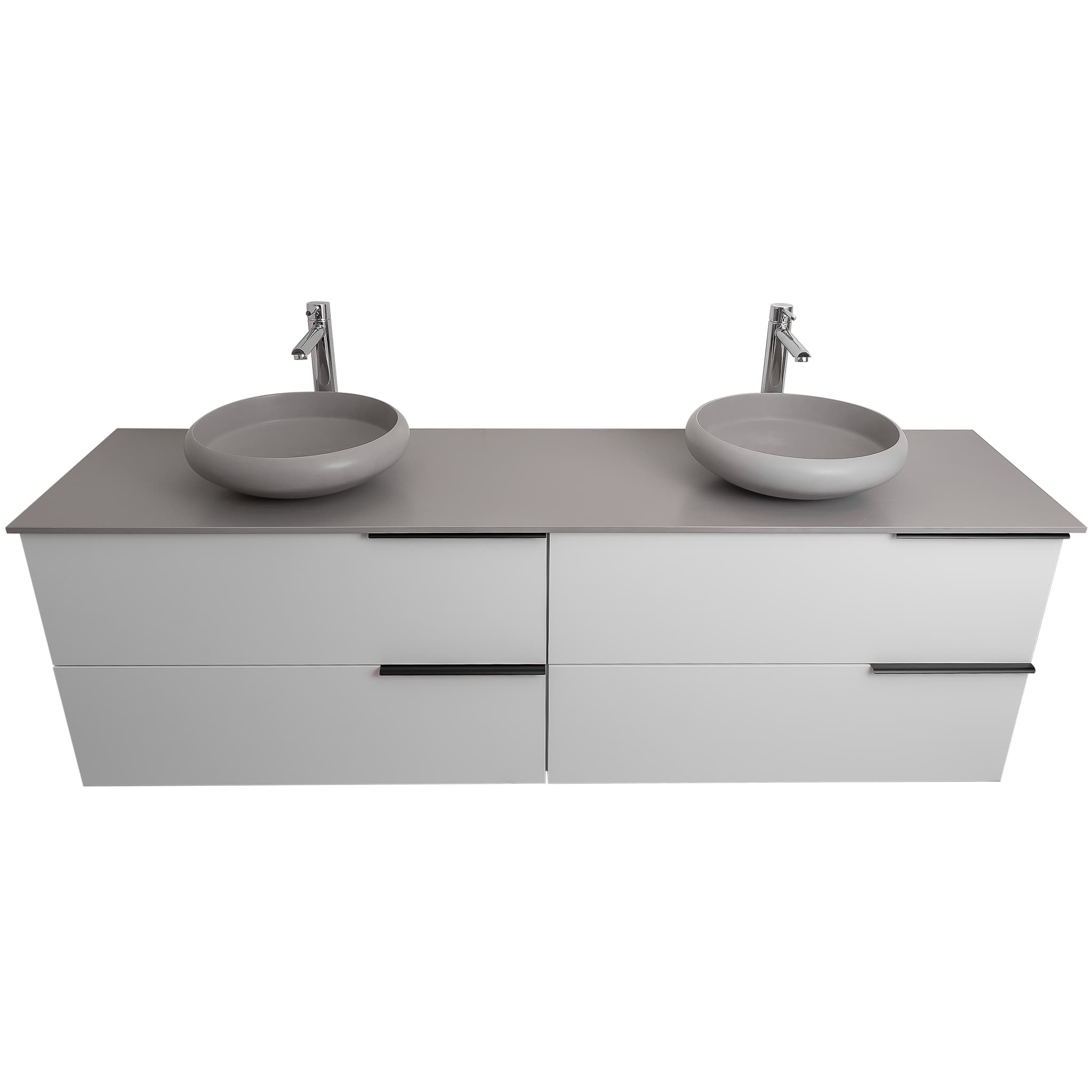 Mallorca 63 Matte White Cabinet, Solid Surface Flat Grey Counter And Two Round Solid Surface Grey Basin 1153, Wall Mounted Modern Vanity Set