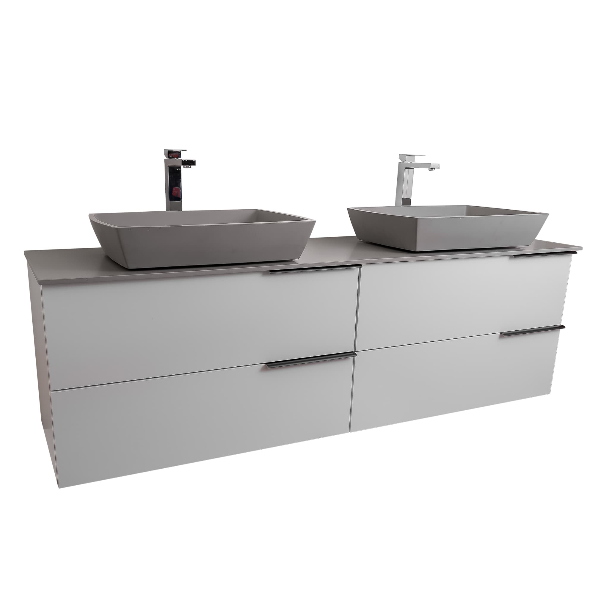 Mallorca 63 Matte White Cabinet, Solid Surface Flat Grey Counter And Two Square Solid Surface Grey Basin 1316, Wall Mounted Modern Vanity Set