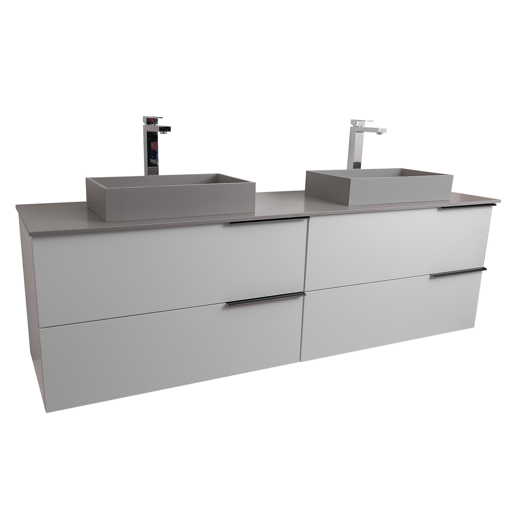 Mallorca 63 Matte White Cabinet, Solid Surface Flat Grey Counter And Two Infinity Square Solid Surface Grey Basin 1329, Wall Mounted Modern Vanity Set