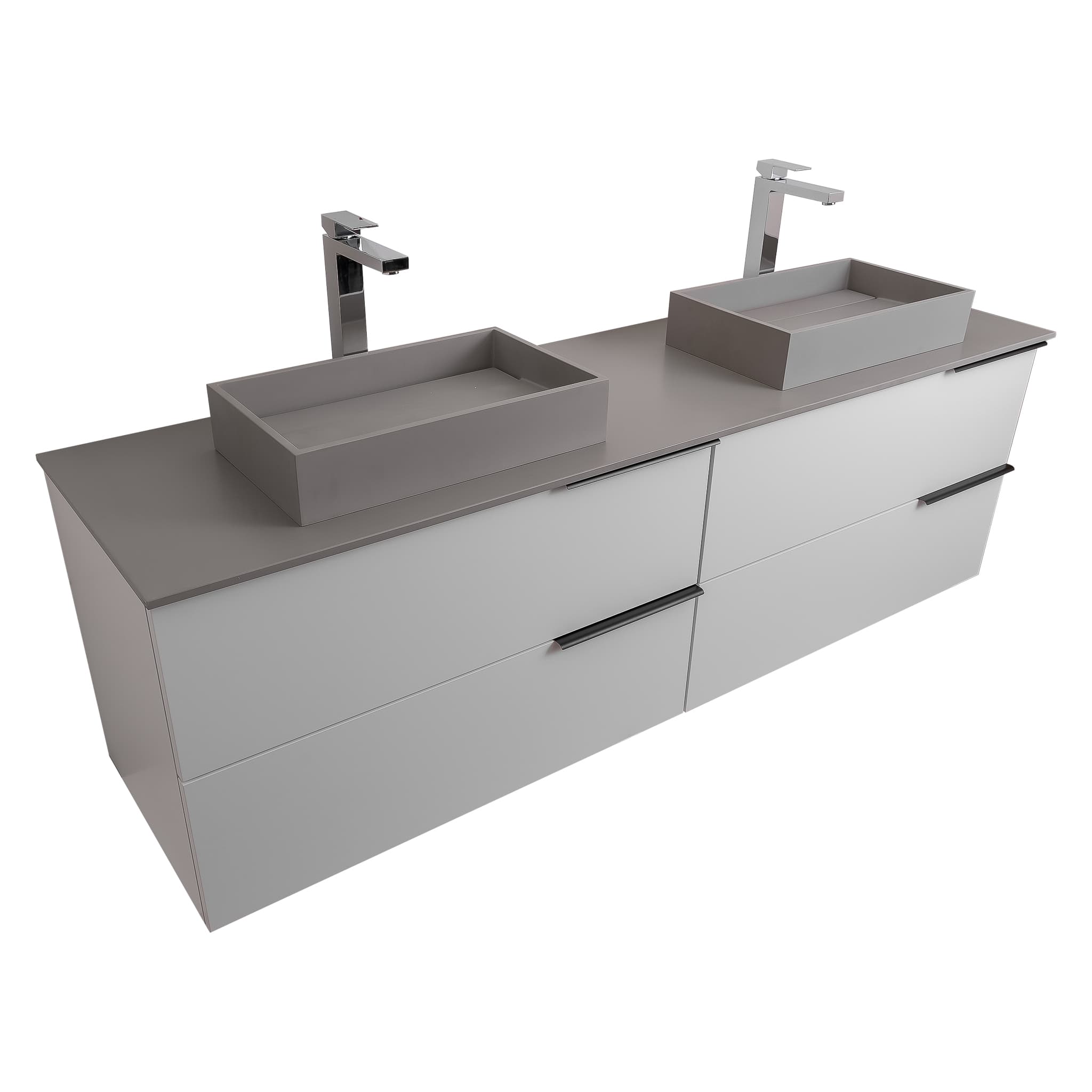 Mallorca 63 Matte White Cabinet, Solid Surface Flat Grey Counter And Two Infinity Square Solid Surface Grey Basin 1329, Wall Mounted Modern Vanity Set