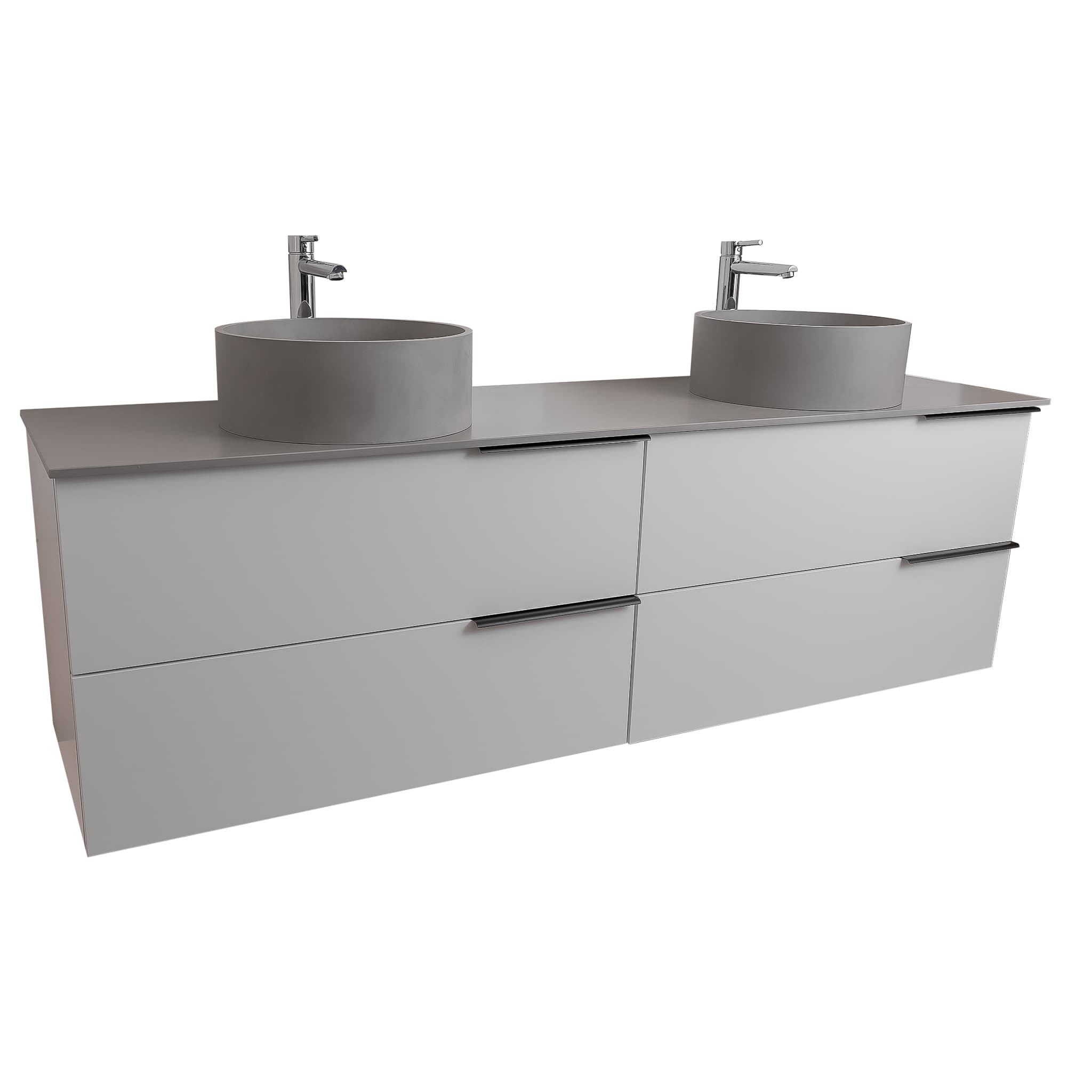 Mallorca 63 Matte White Cabinet, Solid Surface Flat Grey Counter And Two Round Solid Surface Grey Basin 1386, Wall Mounted Modern Vanity Set