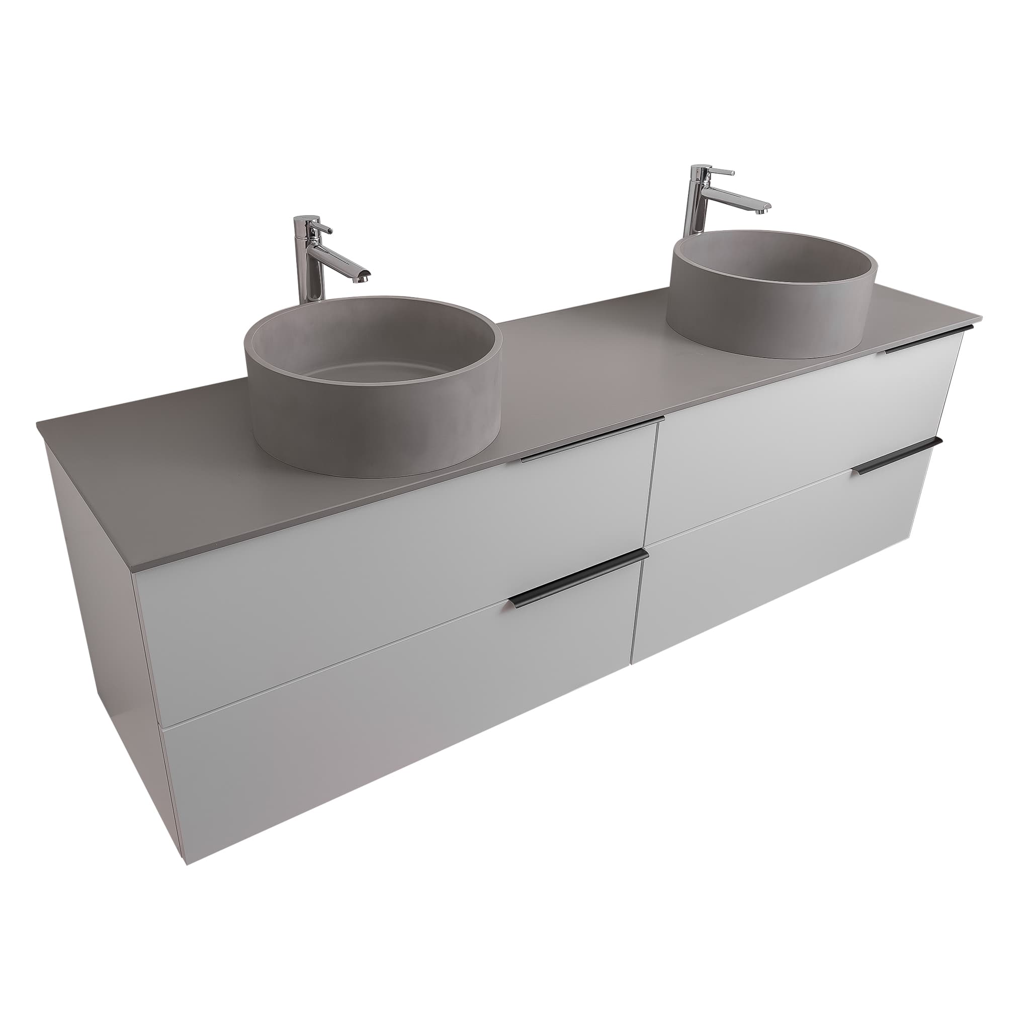 Mallorca 63 Matte White Cabinet, Solid Surface Flat Grey Counter And Two Round Solid Surface Grey Basin 1386, Wall Mounted Modern Vanity Set