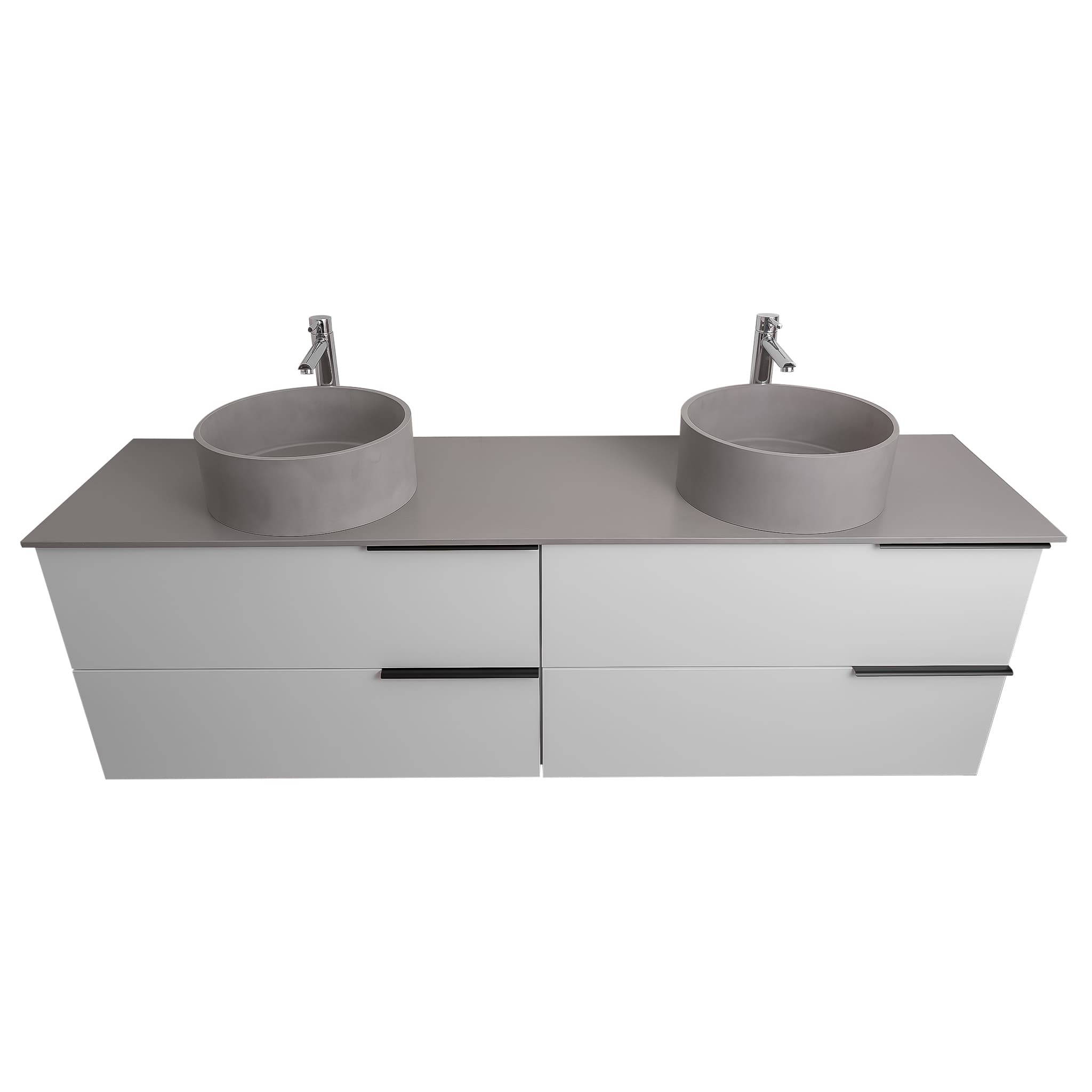 Mallorca 63 Matte White Cabinet, Solid Surface Flat Grey Counter And Two Round Solid Surface Grey Basin 1386, Wall Mounted Modern Vanity Set