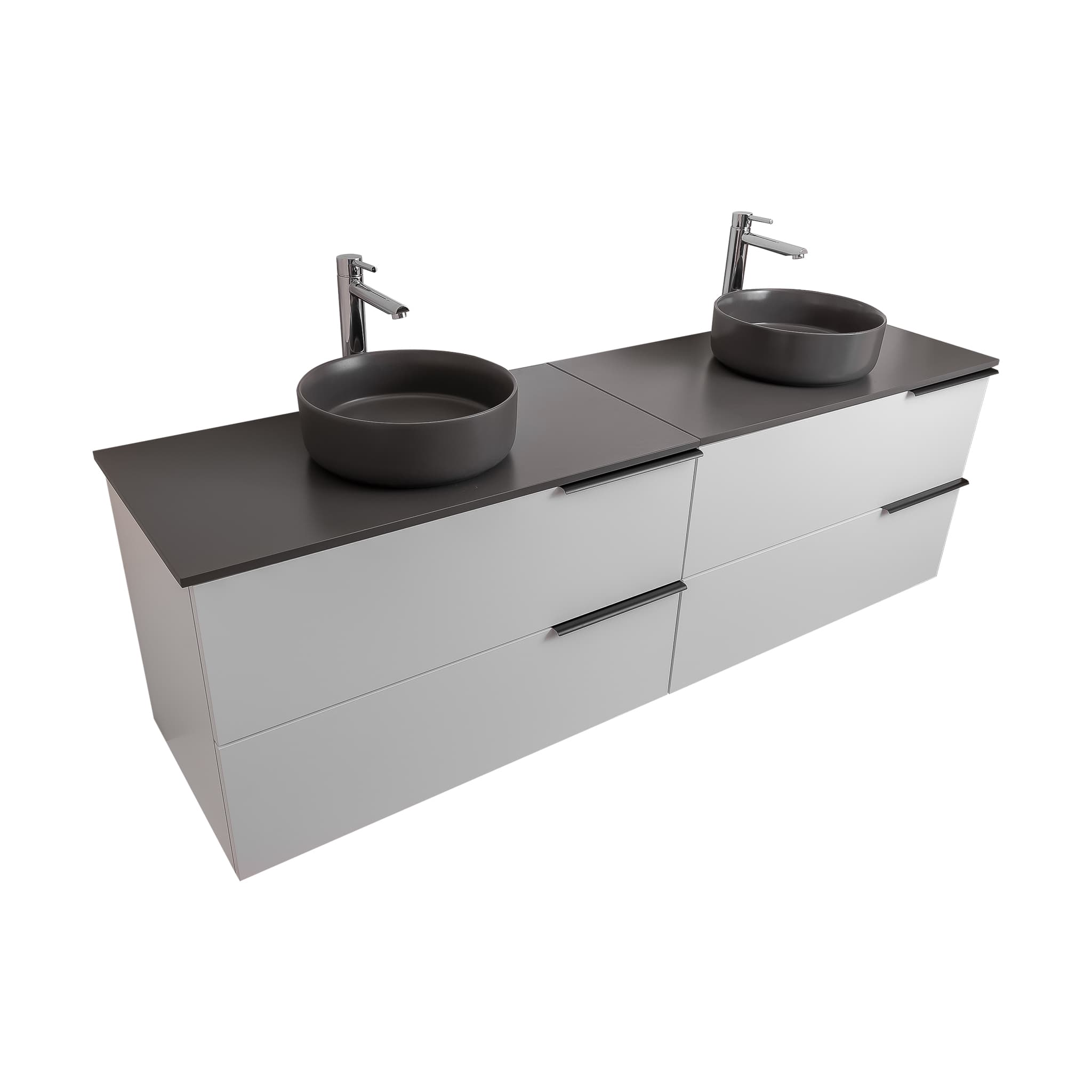 Mallorca 63 Matte White Cabinet, Ares Grey Ceniza Top And Two Ares Grey Ceniza Ceramic Basin, Wall Mounted Modern Vanity Set