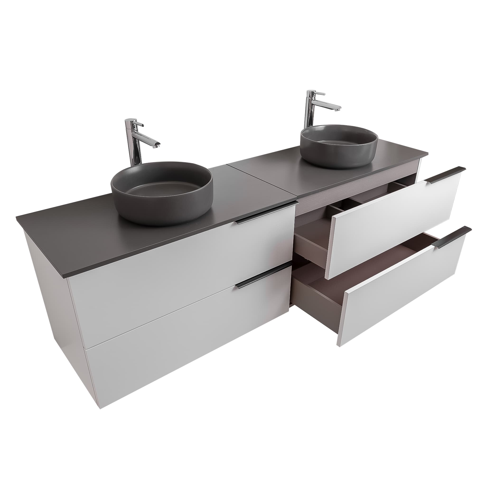 Mallorca 63 Matte White Cabinet, Ares Grey Ceniza Top And Two Ares Grey Ceniza Ceramic Basin, Wall Mounted Modern Vanity Set