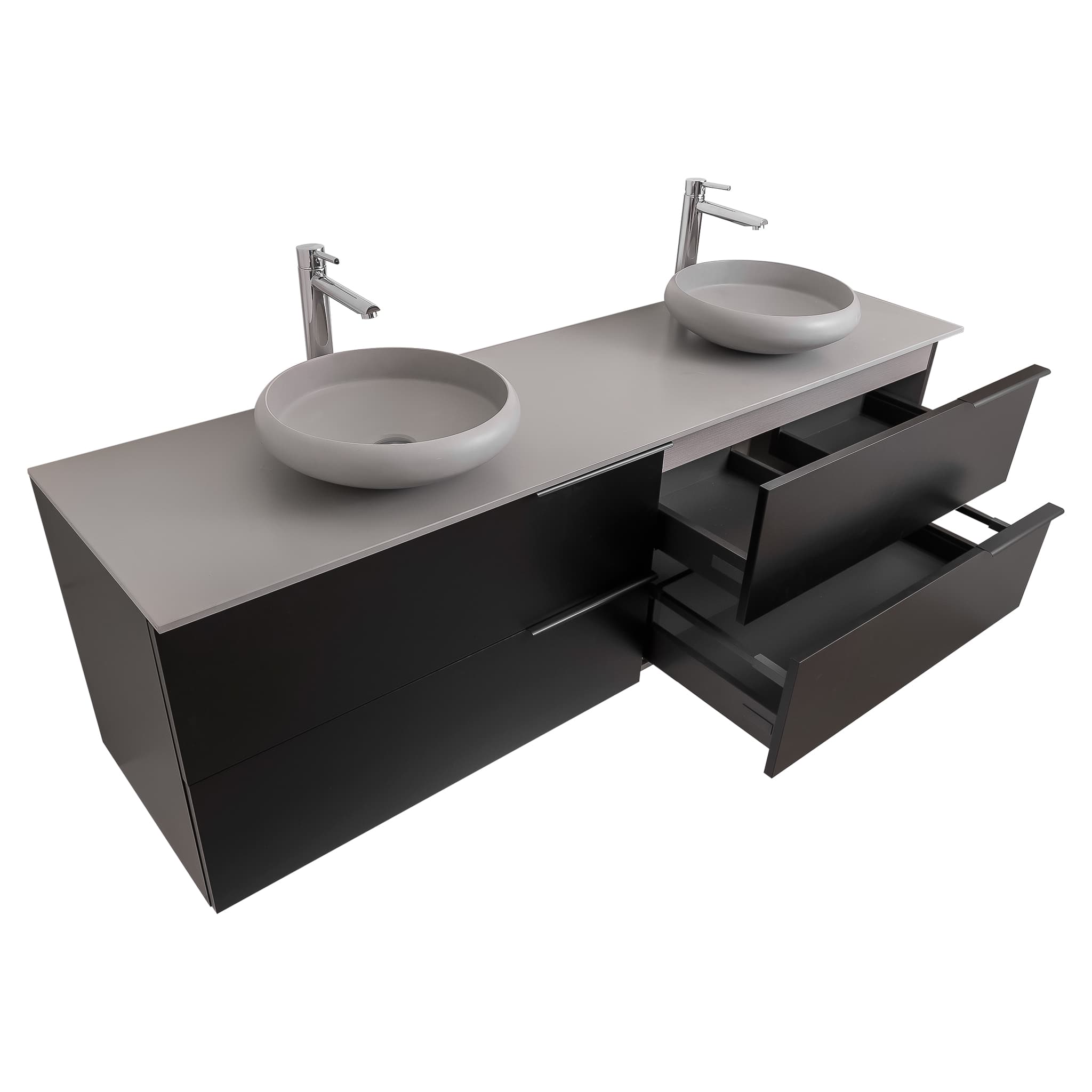 Mallorca 72 Matte Black Cabinet, Solid Surface Flat Grey Counter And Two Round Solid Surface Grey Basin 1153, Wall Mounted Modern Vanity Set