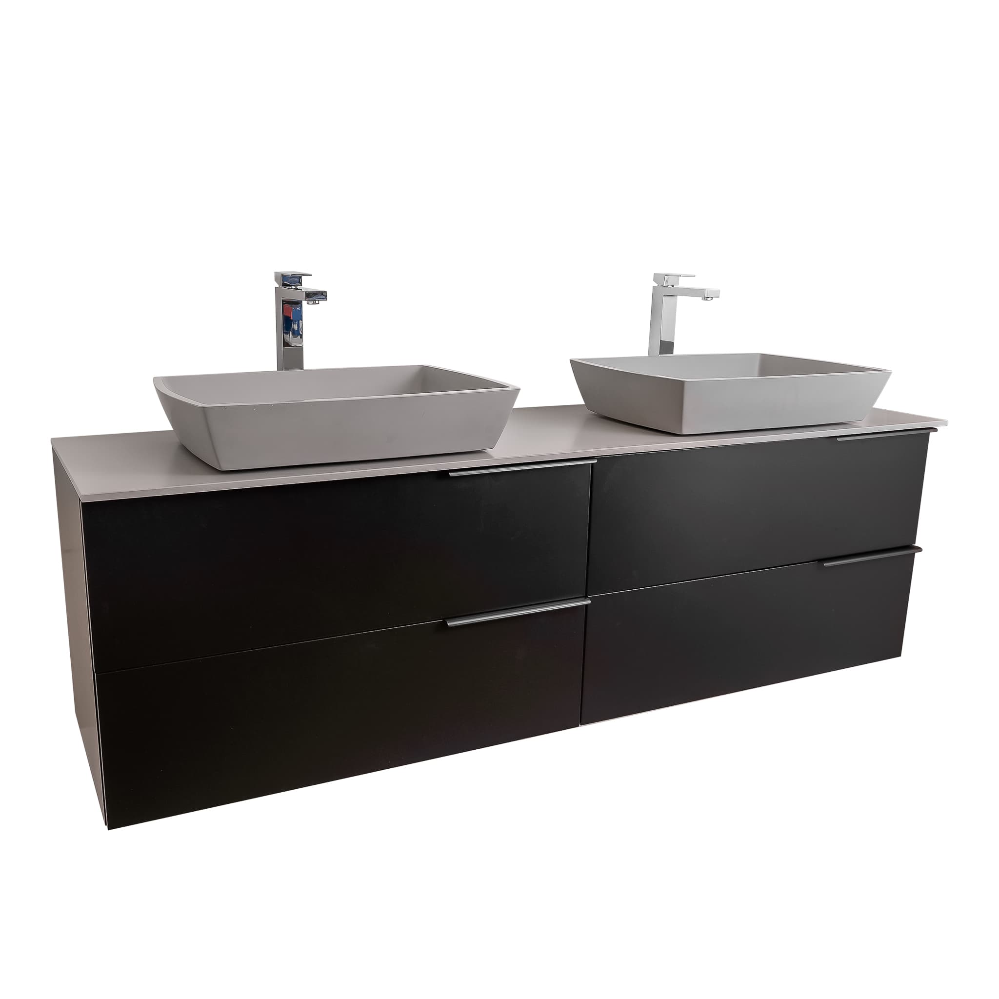 Mallorca 72 Matte Black Cabinet, Solid Surface Flat Grey Counter And Two Square Solid Surface Grey Basin 1316, Wall Mounted Modern Vanity Set