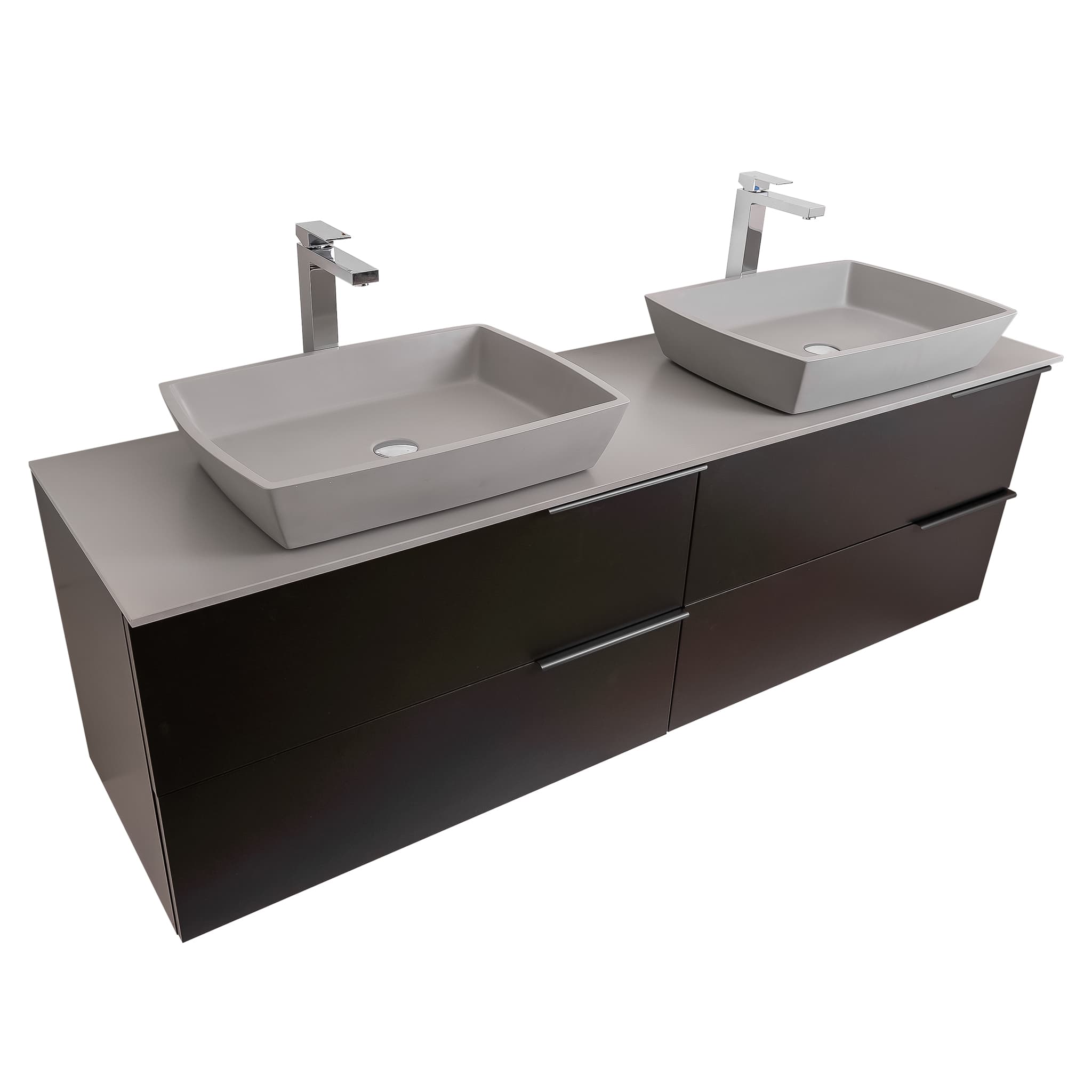 Mallorca 72 Matte Black Cabinet, Solid Surface Flat Grey Counter And Two Square Solid Surface Grey Basin 1316, Wall Mounted Modern Vanity Set