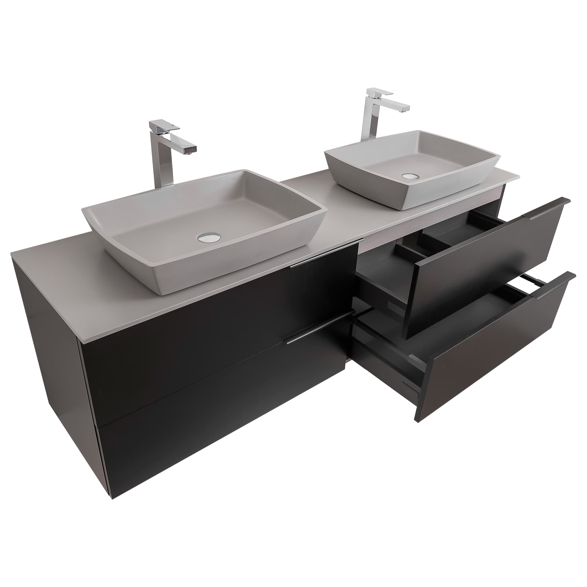 Mallorca 72 Matte Black Cabinet, Solid Surface Flat Grey Counter And Two Square Solid Surface Grey Basin 1316, Wall Mounted Modern Vanity Set