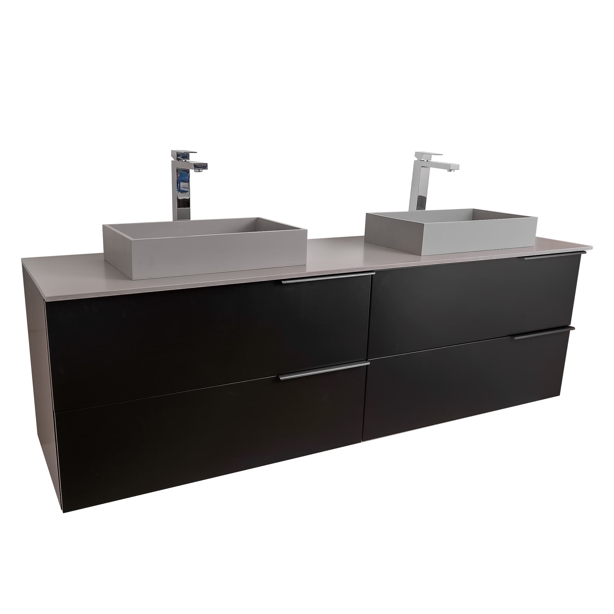 Mallorca 72 Matte Black Cabinet, Solid Surface Flat Grey Counter And Two Infinity Square Solid Surface Grey Basin 1329, Wall Mounted Modern Vanity Set