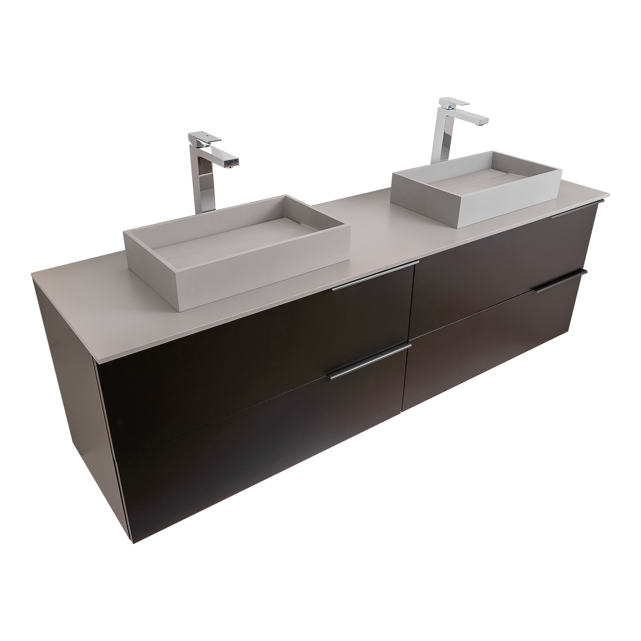 Mallorca 72 Matte Black Cabinet, Solid Surface Flat Grey Counter And Two Infinity Square Solid Surface Grey Basin 1329, Wall Mounted Modern Vanity Set