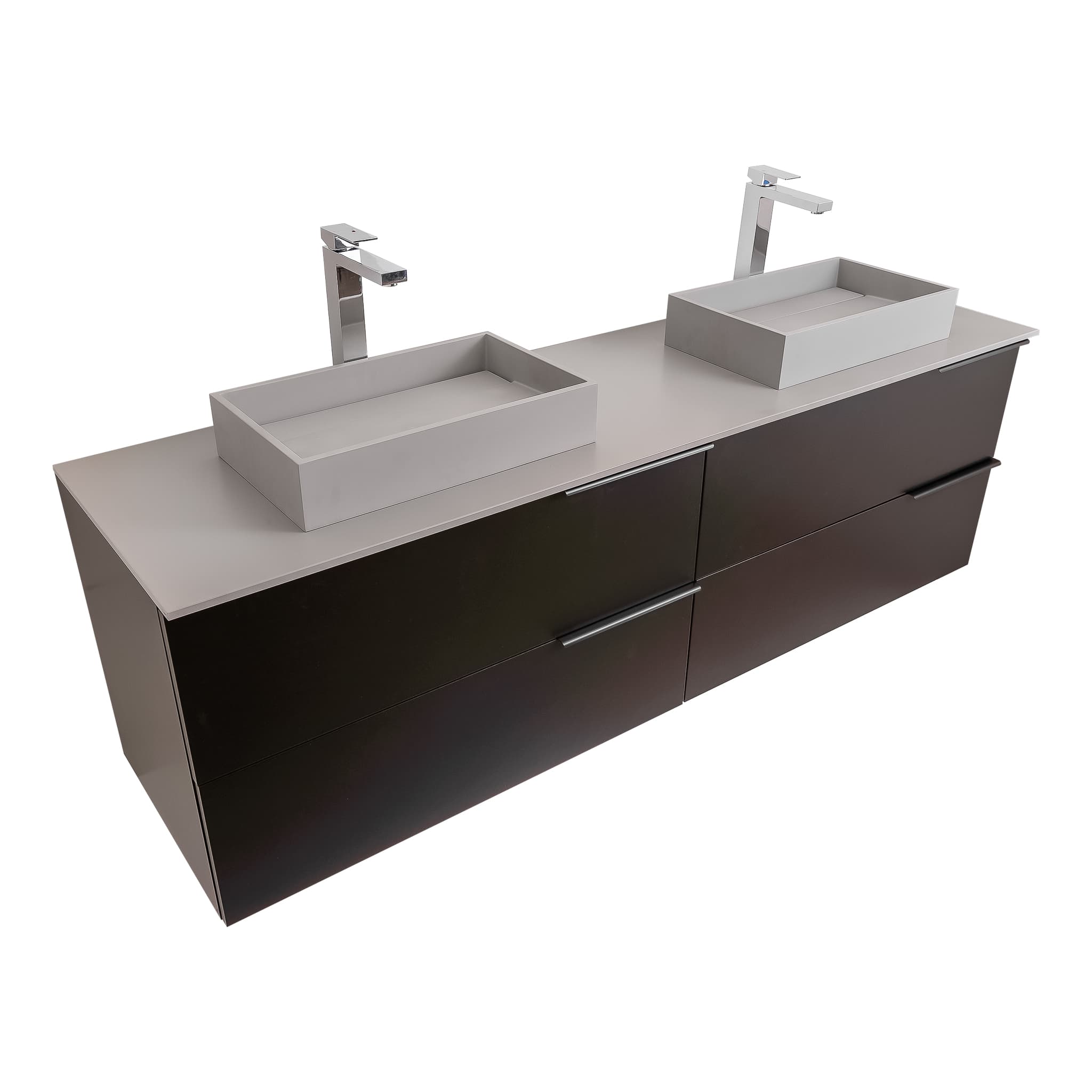 Mallorca 72 Matte Black Cabinet, Solid Surface Flat Grey Counter And Two Infinity Square Solid Surface Grey Basin 1329, Wall Mounted Modern Vanity Set 