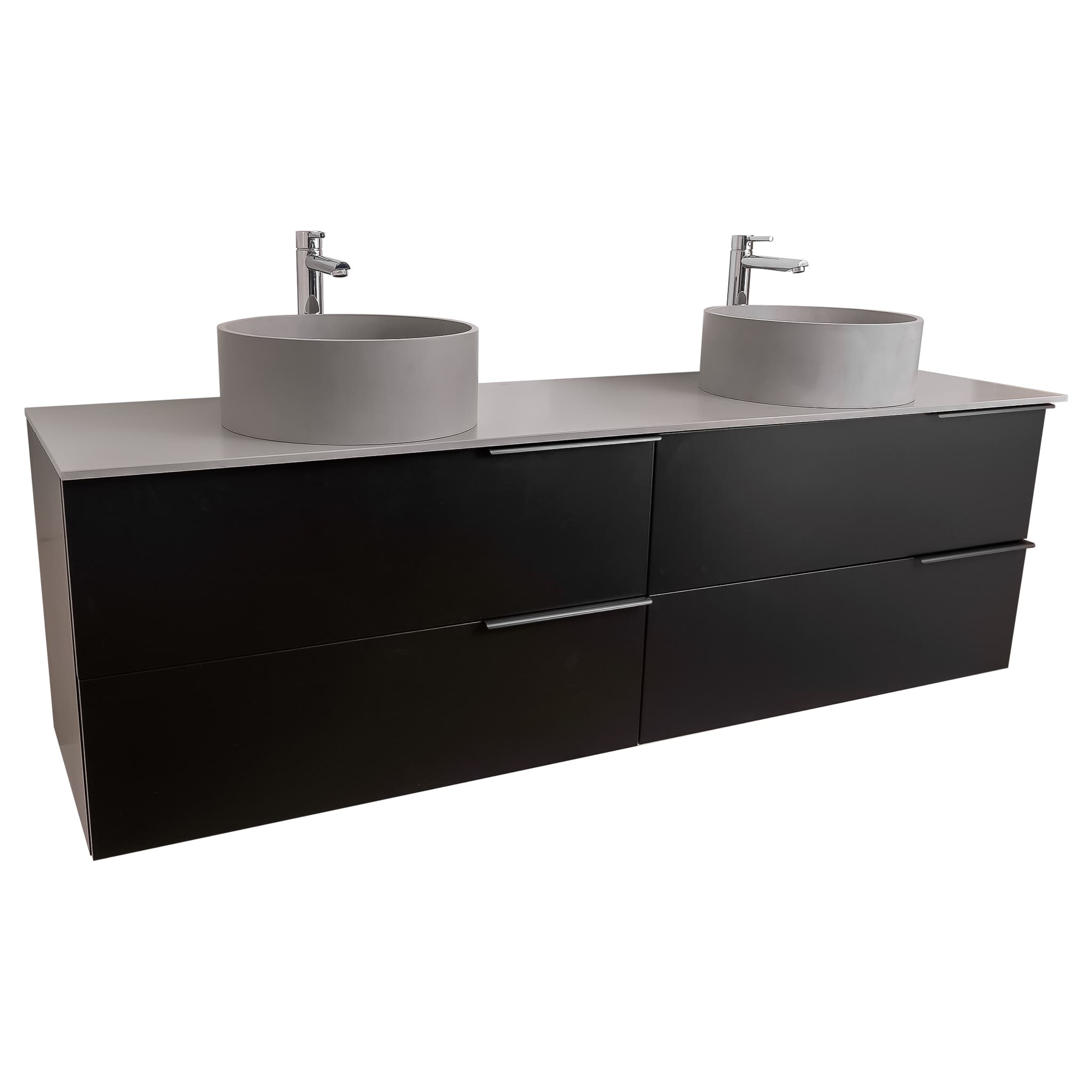 Mallorca 72 Matte Black Cabinet, Solid Surface Flat Grey Counter And Two Round Solid Surface Grey Basin 1386, Wall Mounted Modern Vanity Set