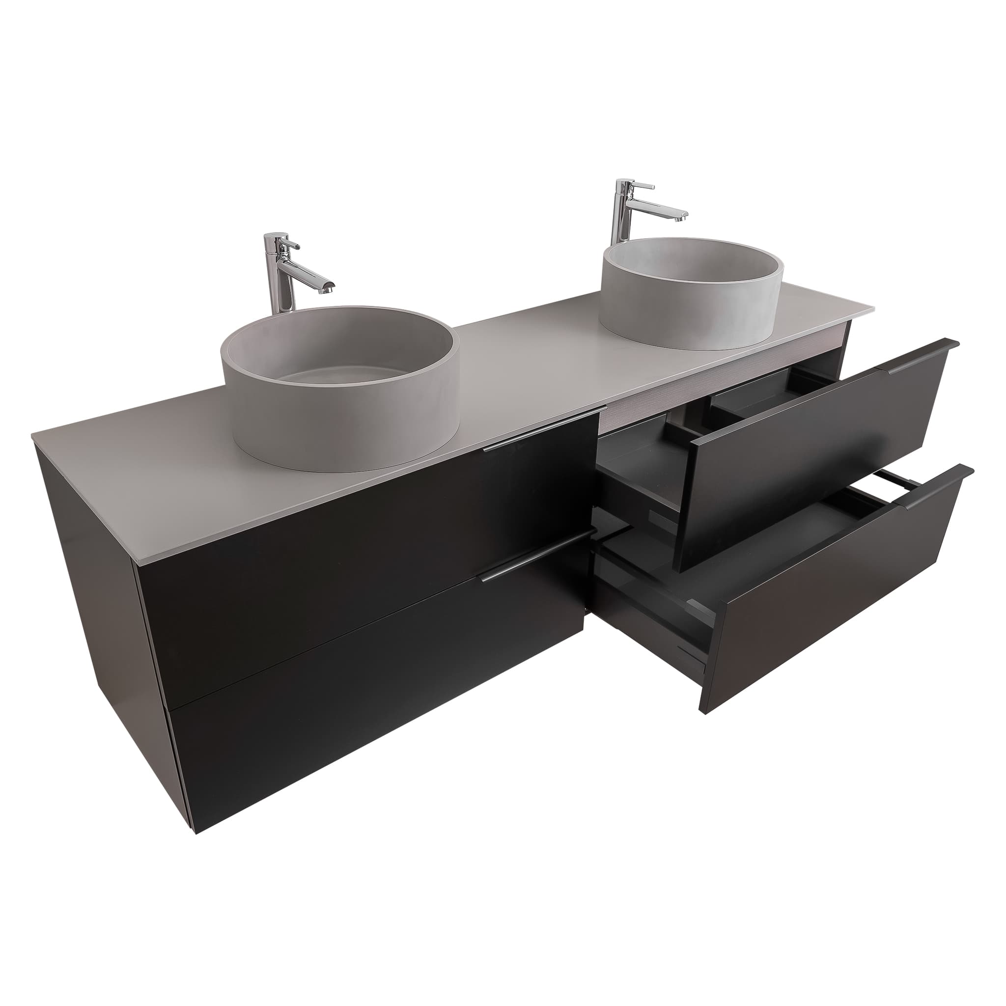 Mallorca 72 Matte Black Cabinet, Solid Surface Flat Grey Counter And Two Round Solid Surface Grey Basin 1386, Wall Mounted Modern Vanity Set