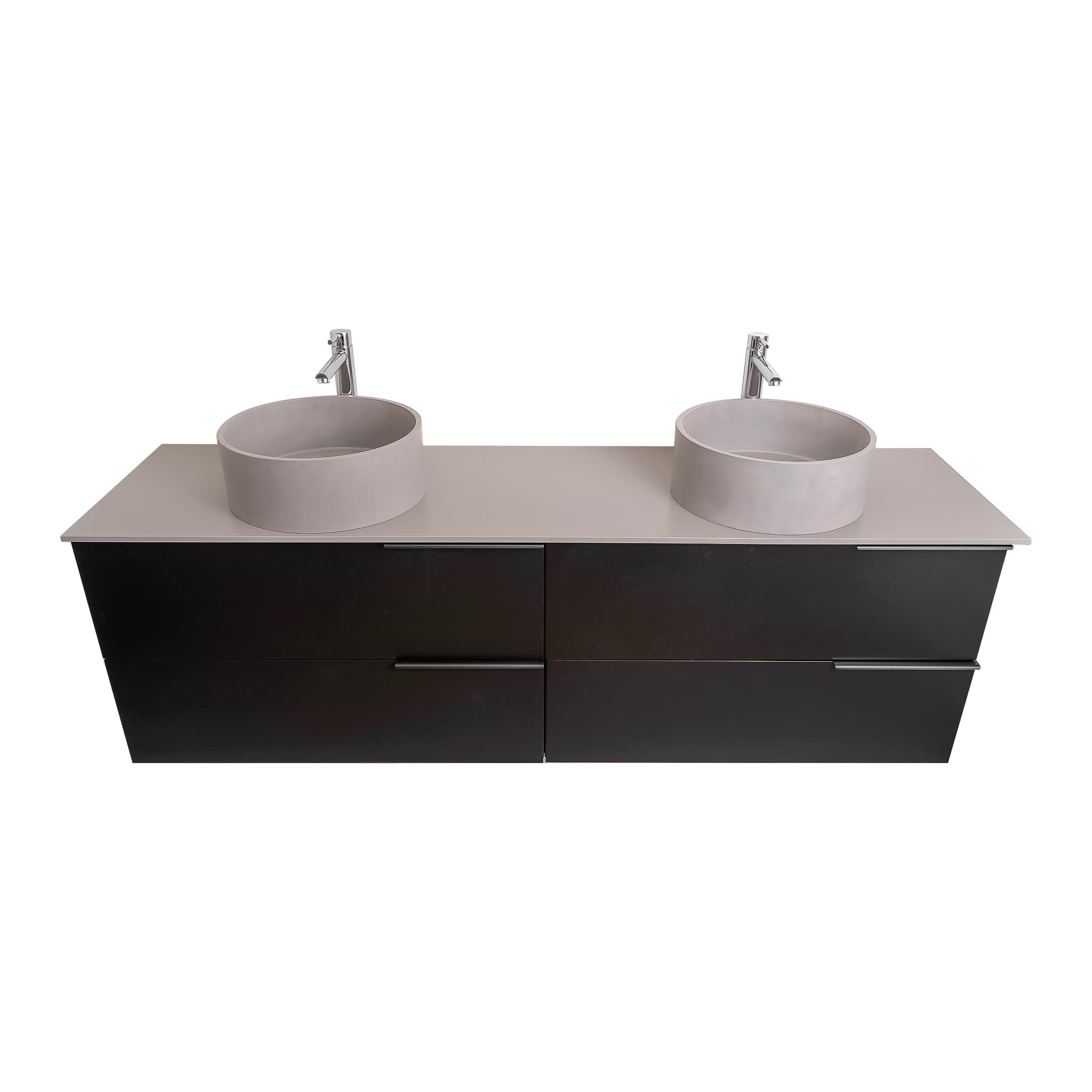 Mallorca 72 Matte Black Cabinet, Solid Surface Flat Grey Counter And Two Round Solid Surface Grey Basin 1386, Wall Mounted Modern Vanity Set