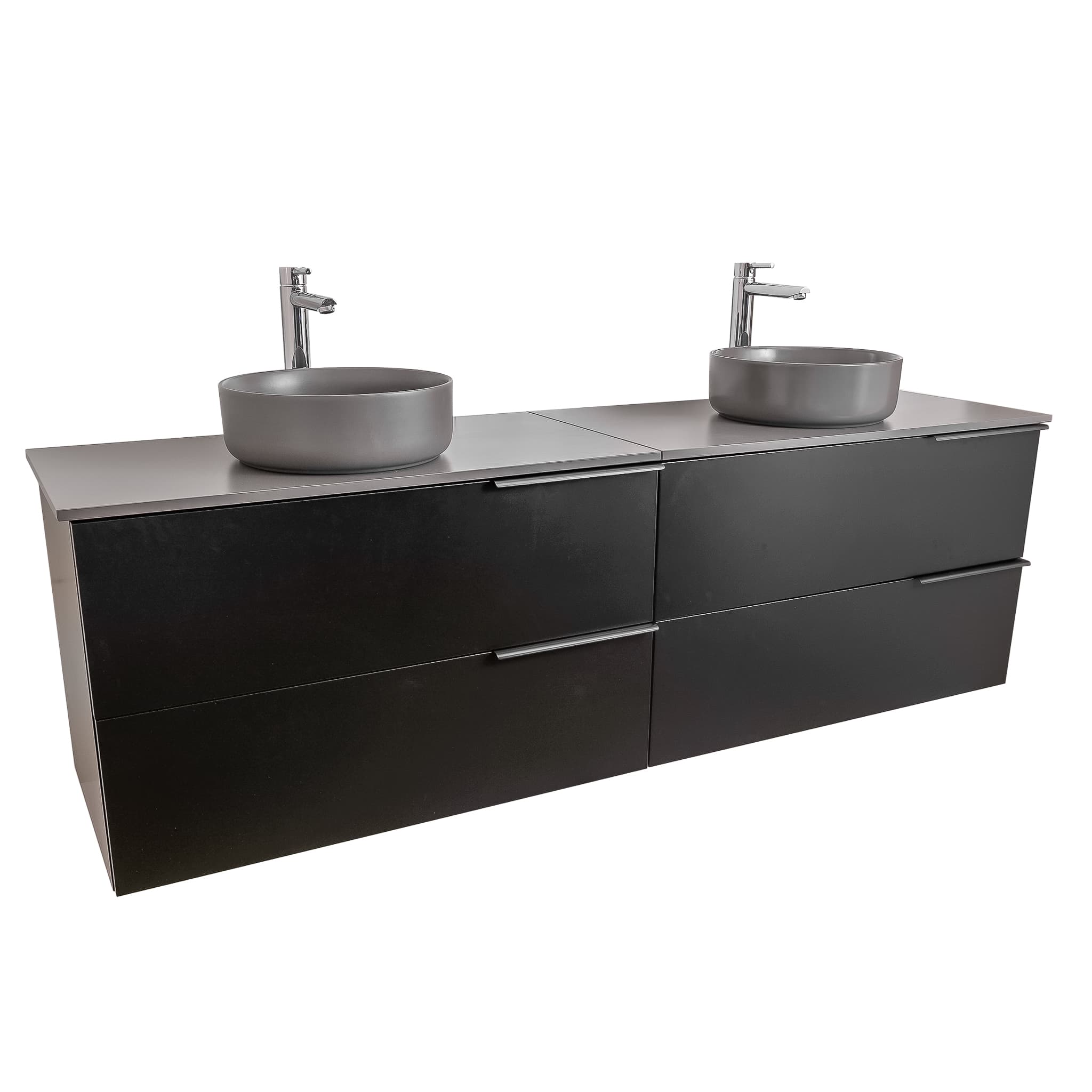 Mallorca 72 Matte Black Cabinet, Ares Grey Ceniza Top And Two Ares Grey Ceniza Ceramic Basin, Wall Mounted Modern Vanity Set