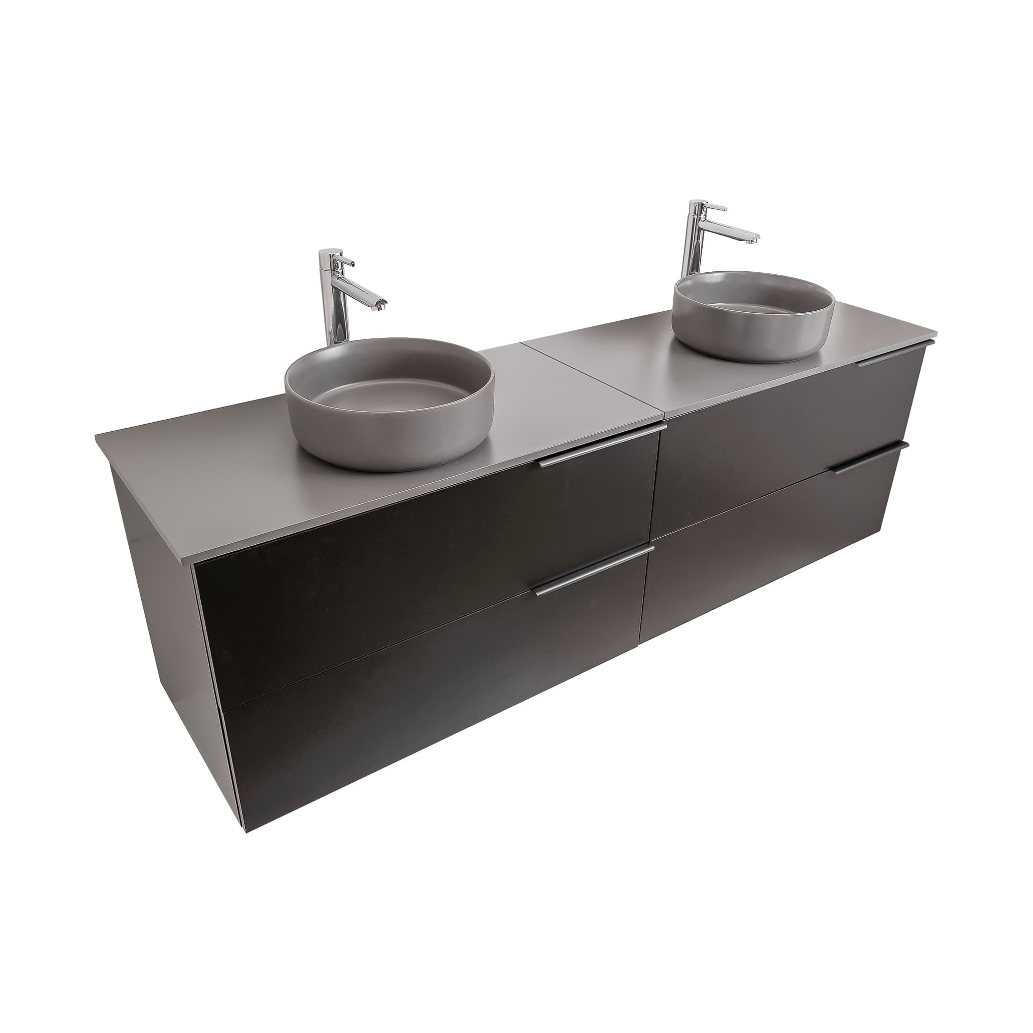 Mallorca 72 Matte Black Cabinet, Ares Grey Ceniza Top And Two Ares Grey Ceniza Ceramic Basin, Wall Mounted Modern Vanity Set