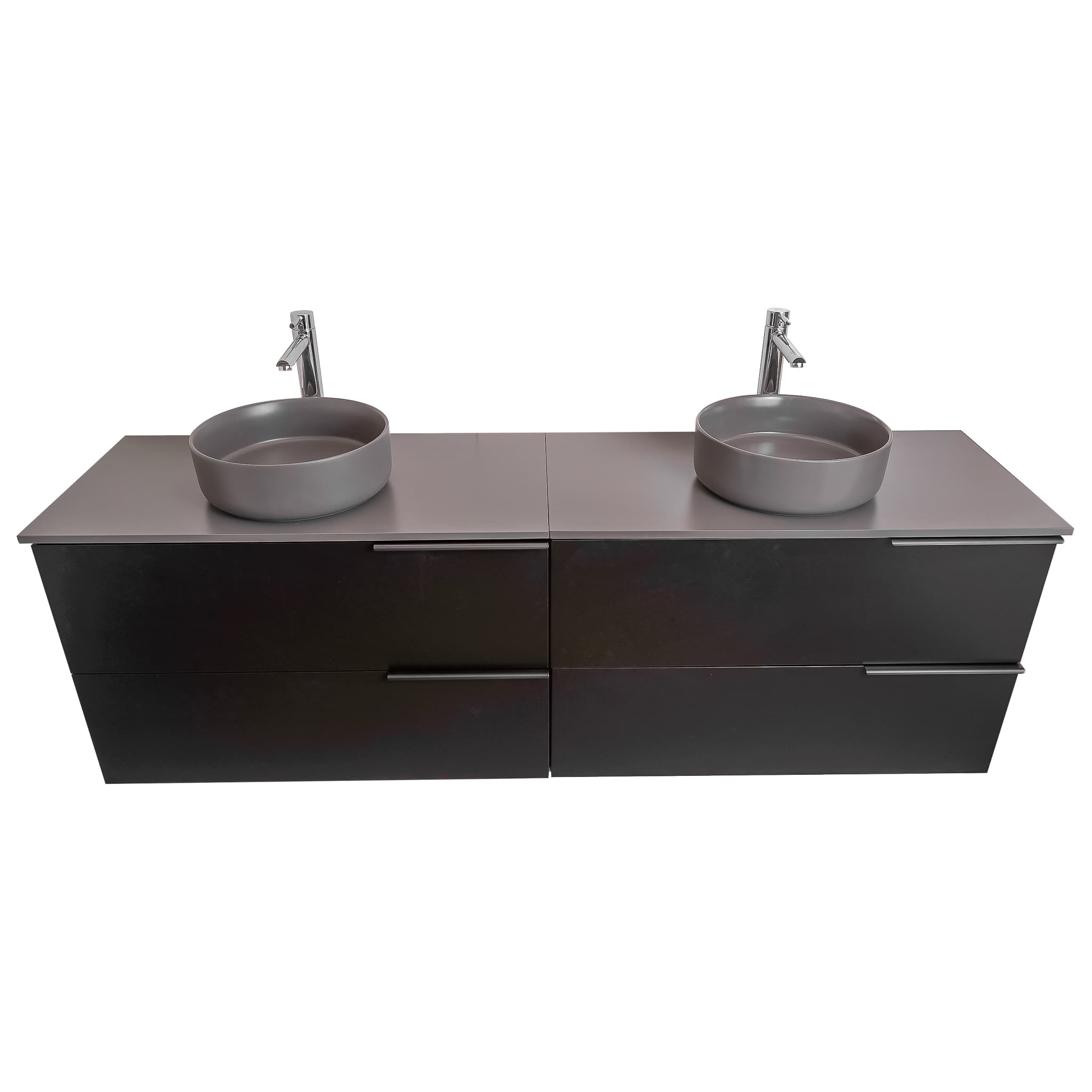 Mallorca 72 Matte Black Cabinet, Ares Grey Ceniza Top And Two Ares Grey Ceniza Ceramic Basin, Wall Mounted Modern Vanity Set
