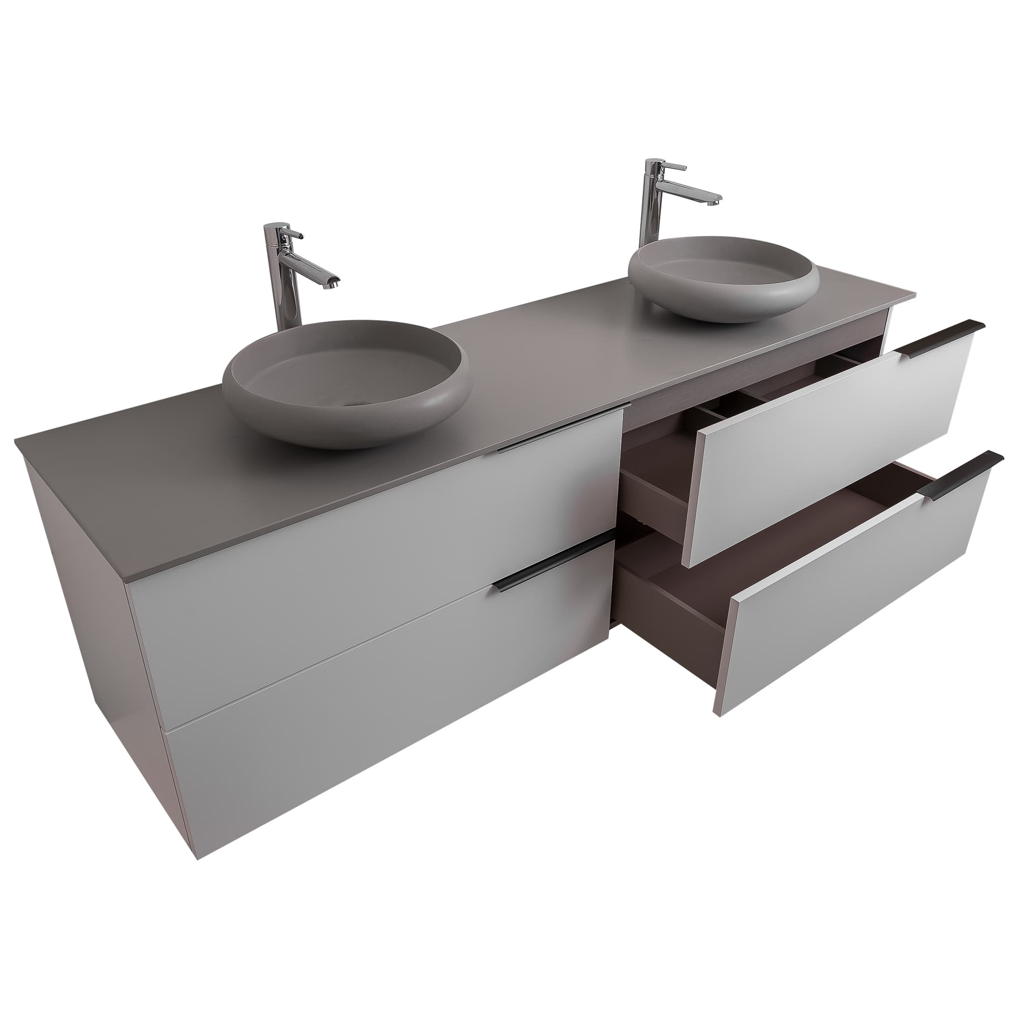 Mallorca 72 Matte White Cabinet, Solid Surface Flat Grey Counter And Two Round Solid Surface Grey Basin 1153, Wall Mounted Modern Vanity Set