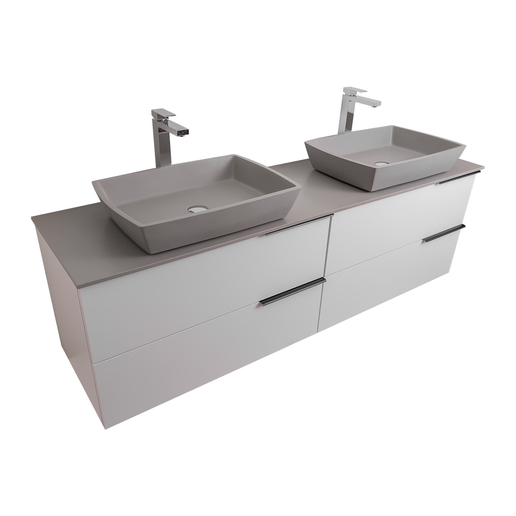 Mallorca 72 Matte White Cabinet, Solid Surface Flat Grey Counter And Two Square Solid Surface Grey Basin 1316, Wall Mounted Modern Vanity Set