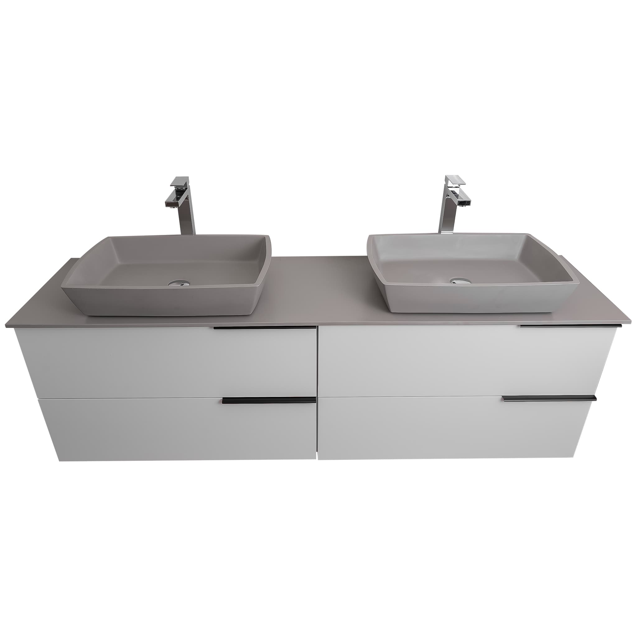 Mallorca 72 Matte White Cabinet, Solid Surface Flat Grey Counter And Two Square Solid Surface Grey Basin 1316, Wall Mounted Modern Vanity Set