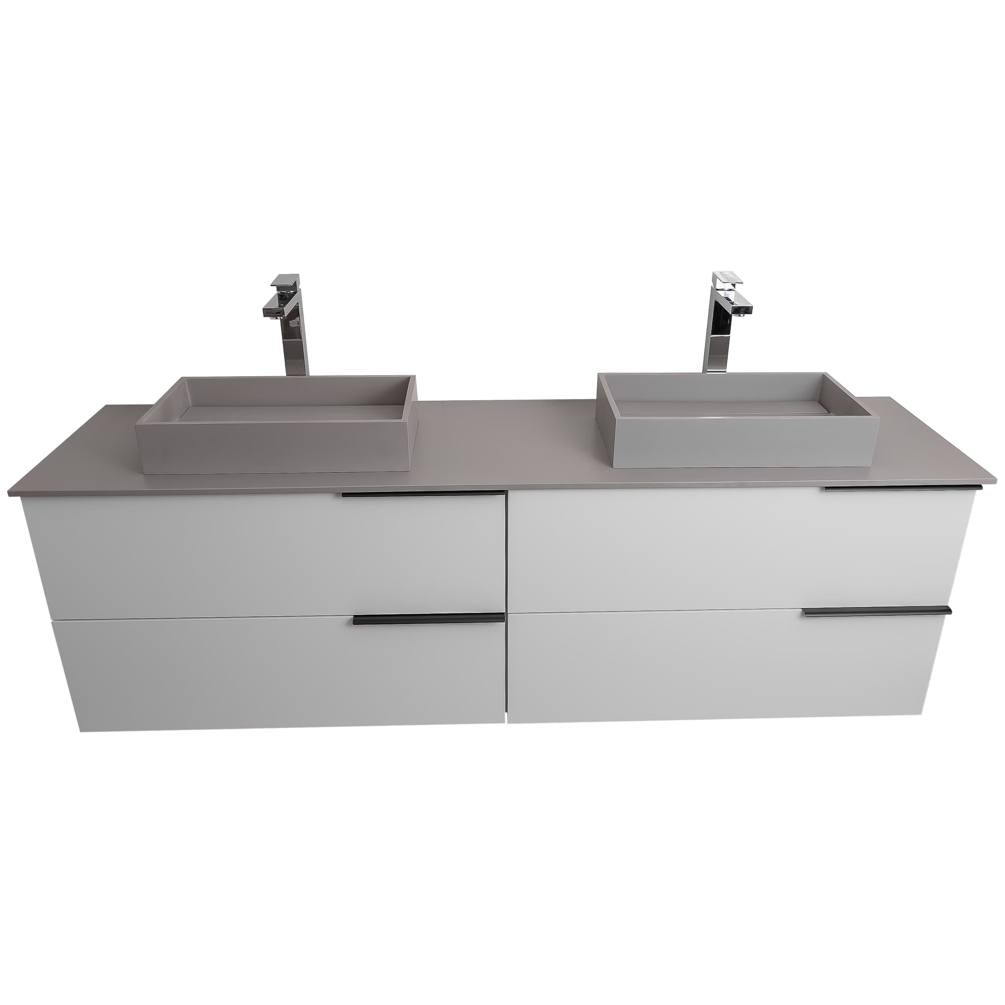 Mallorca 72 Matte White Cabinet, Solid Surface Flat Grey Counter And Two Infinity Square Solid Surface Grey Basin 1329, Wall Mounted Modern Vanity Set