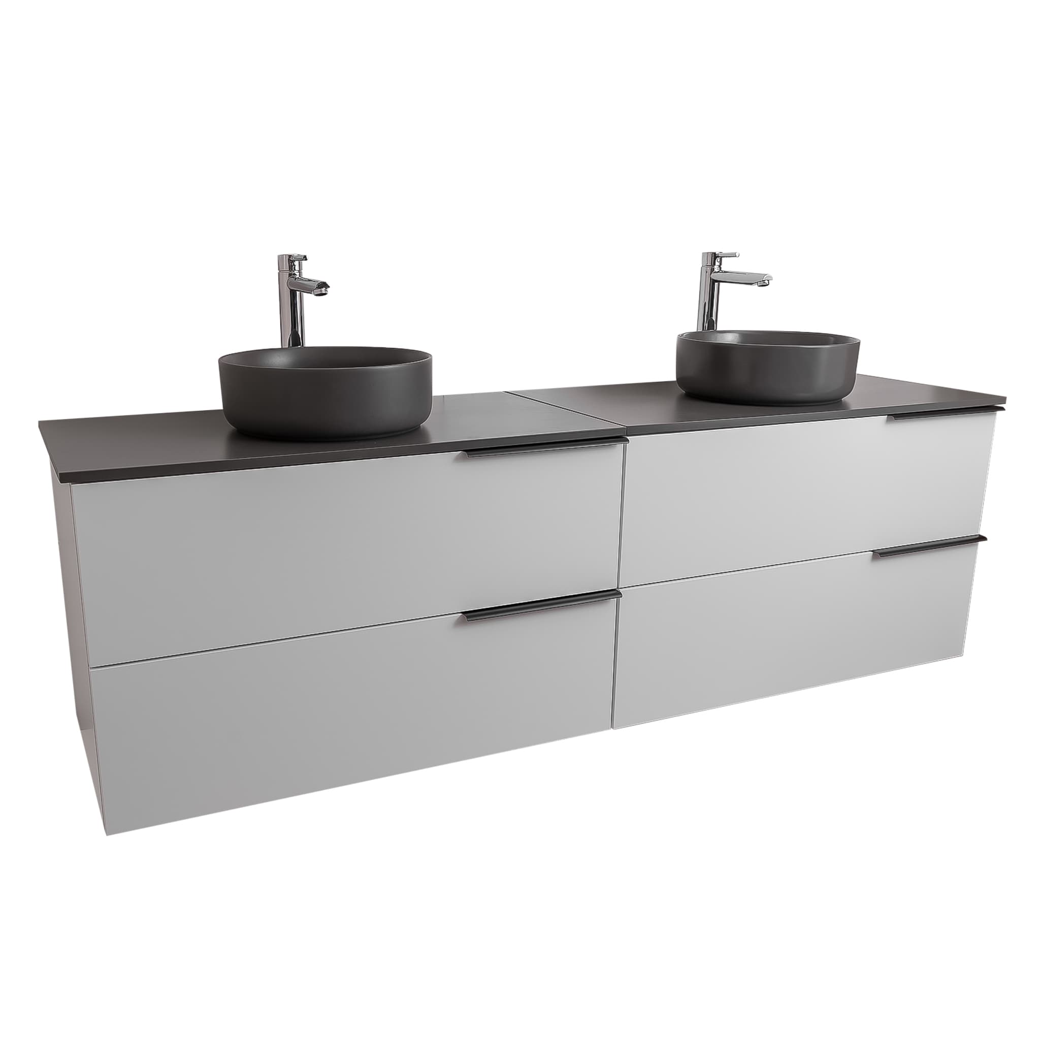 Mallorca 72 Matte White Cabinet, Ares Grey Ceniza Top And Two Ares Grey Ceniza Ceramic Basin, Wall Mounted Modern Vanity Set